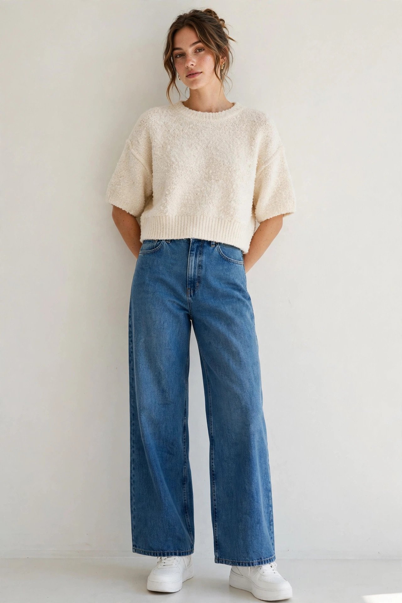 fall sweater outfits - cropped sweater and wide-leg jeans