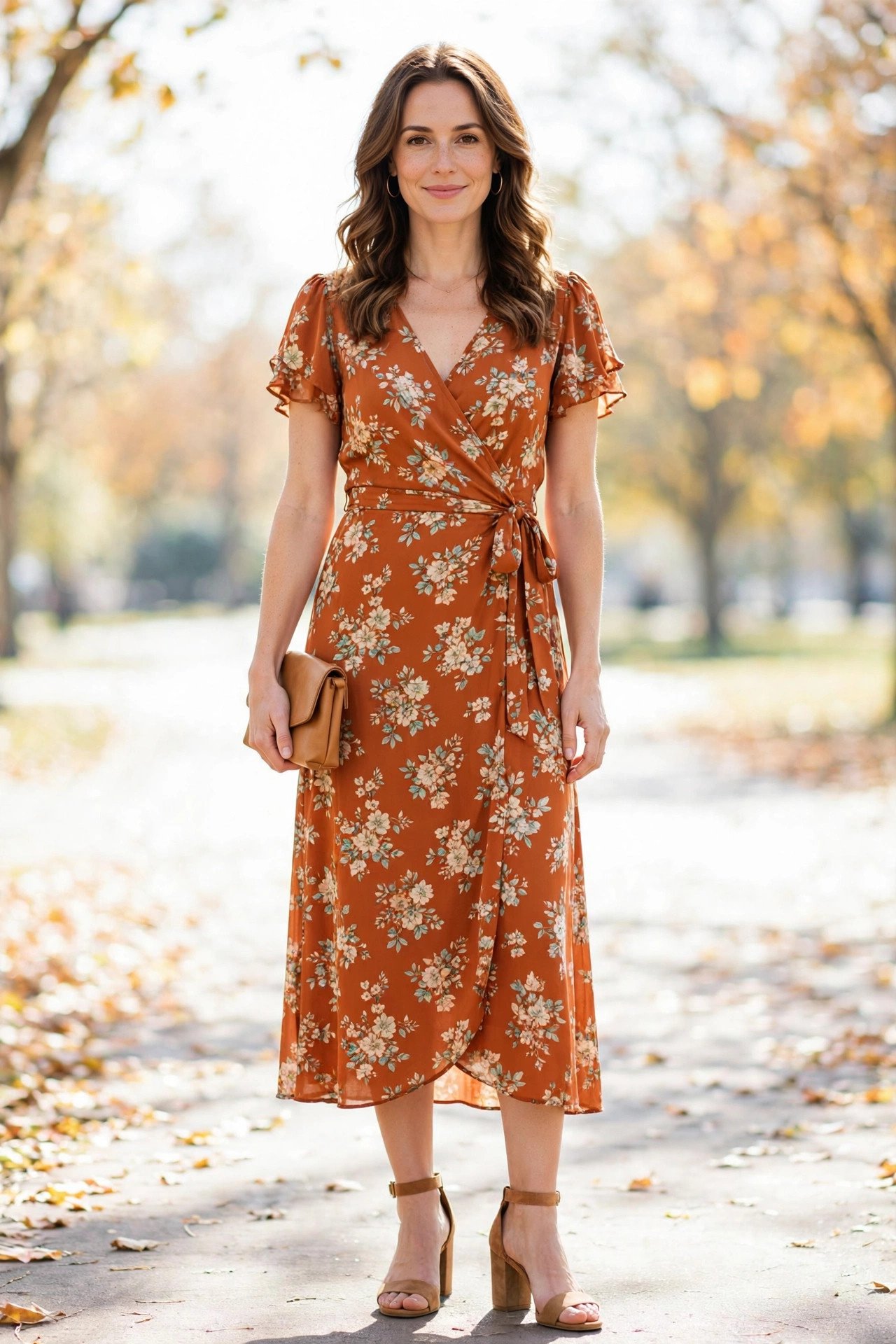fall wedding guest outfits - burnt orange floral wrap dress
