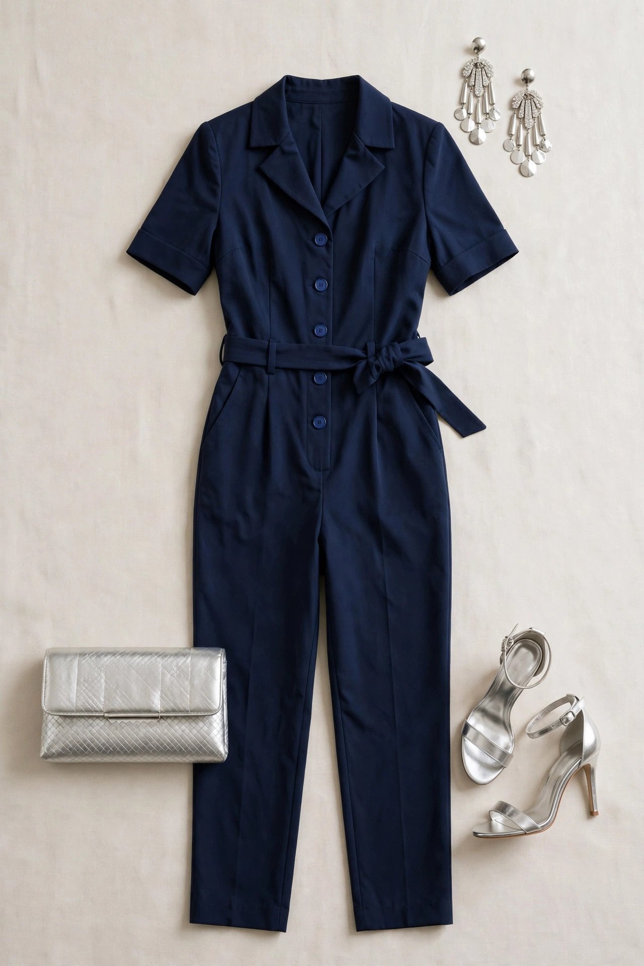 fall wedding guest outfits - navy jumpsuit with metallic heels