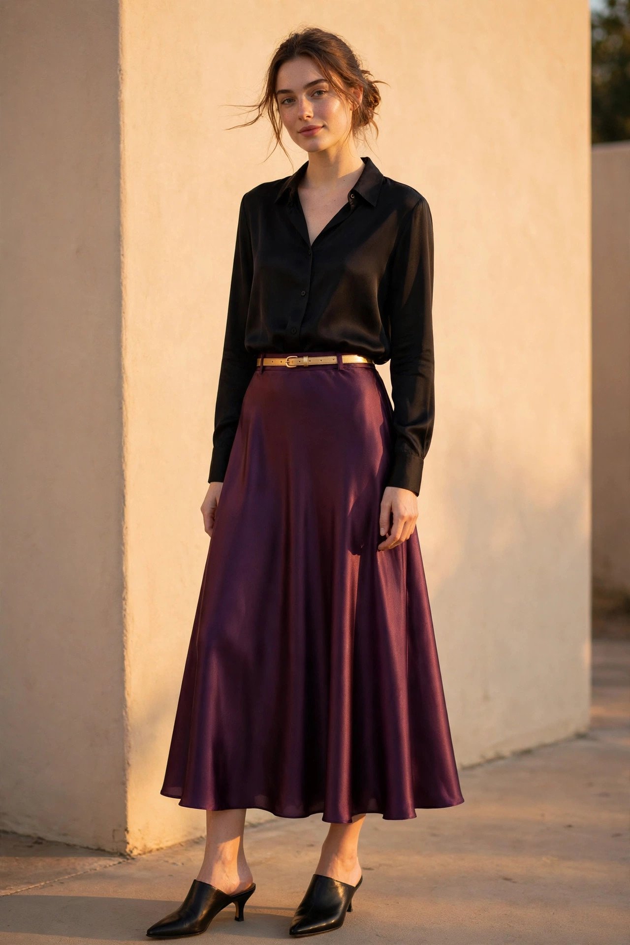 fall wedding guest outfits - plum satin skirt and black blouse