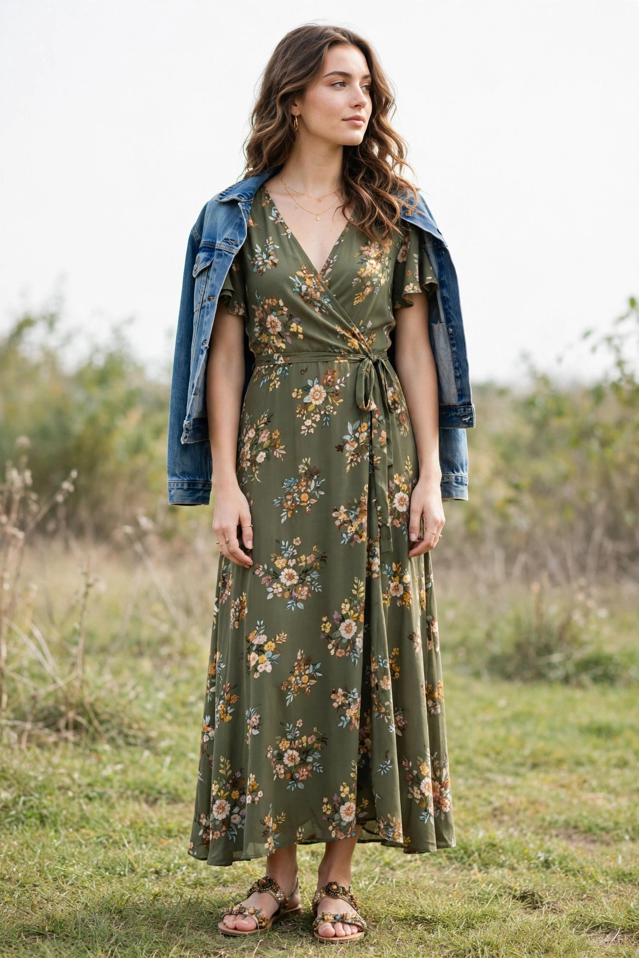 fall wedding guest outfits - olive wrap maxi dress