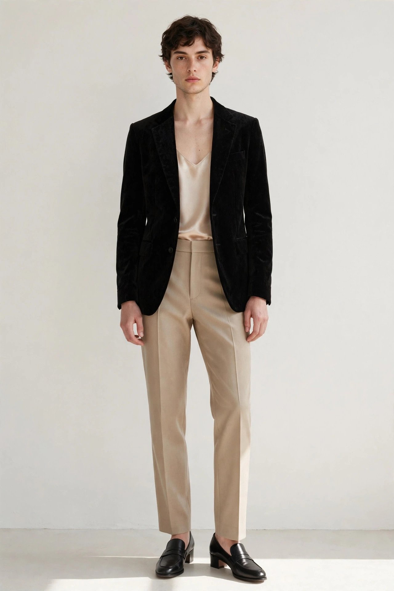 fall wedding guest outfits - black velvet blazer and satin cami and trousers
