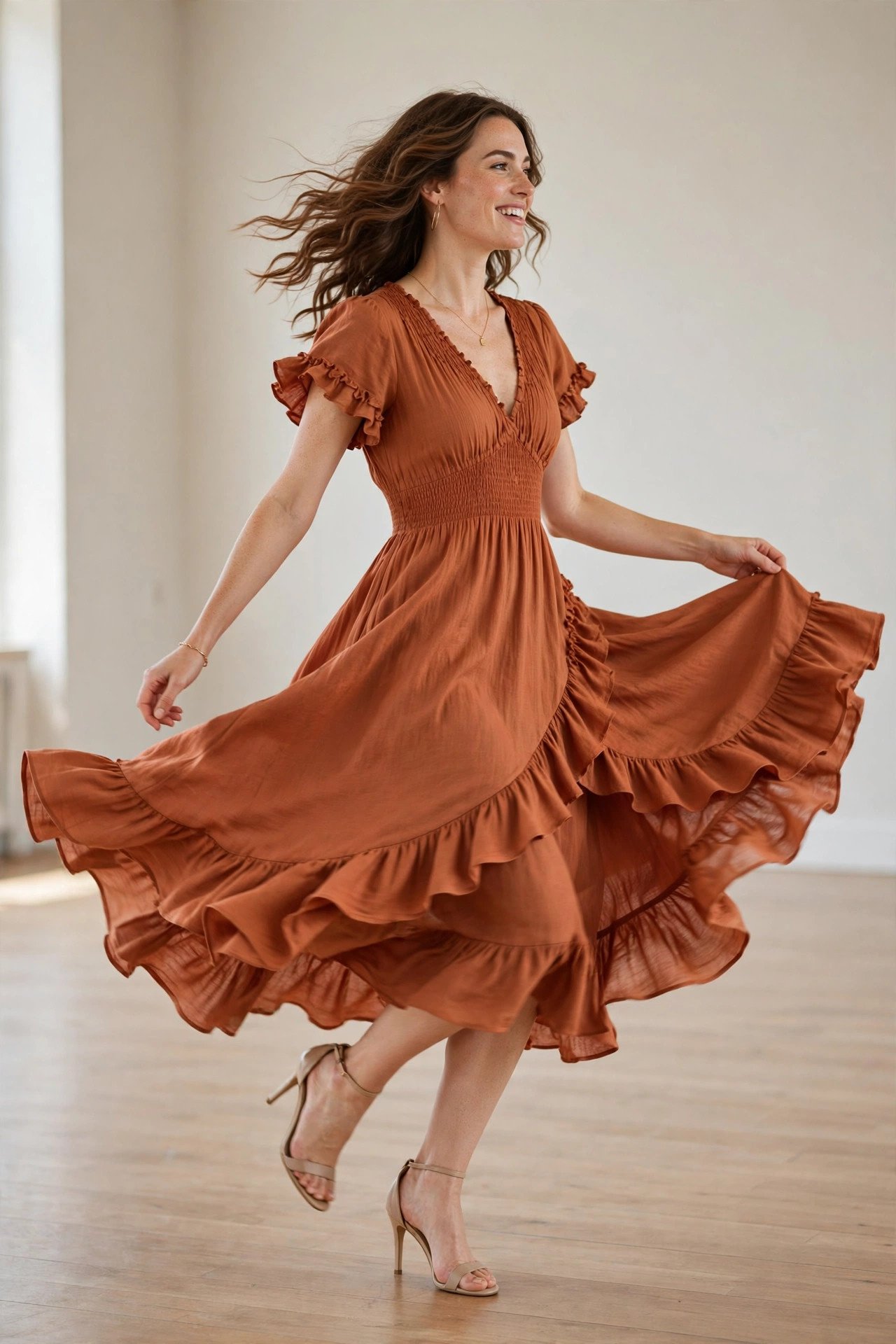 fall wedding guest outfits - terracotta ruffle midi dress