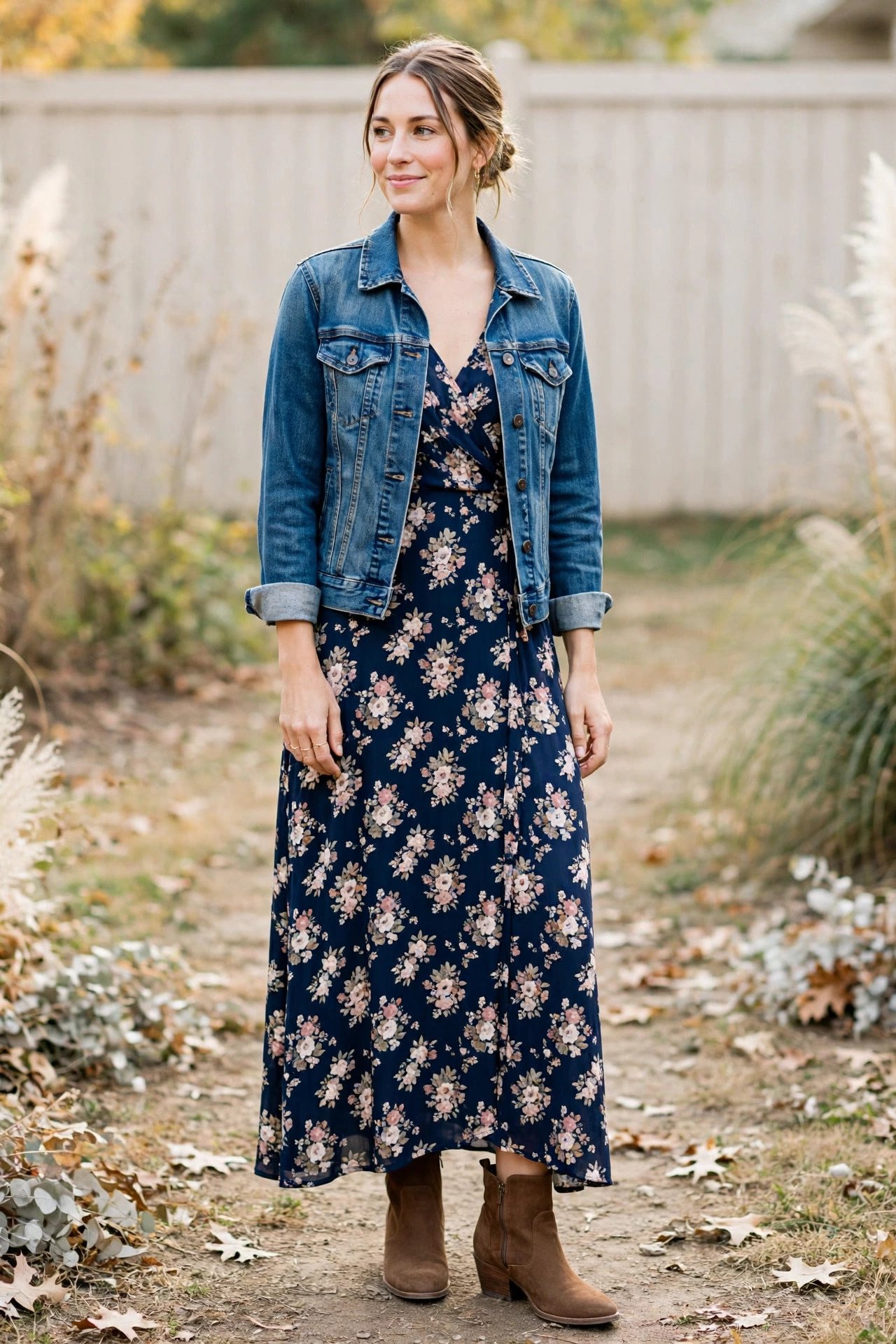 fall wedding guest outfits - navy floral maxi and denim jacket
