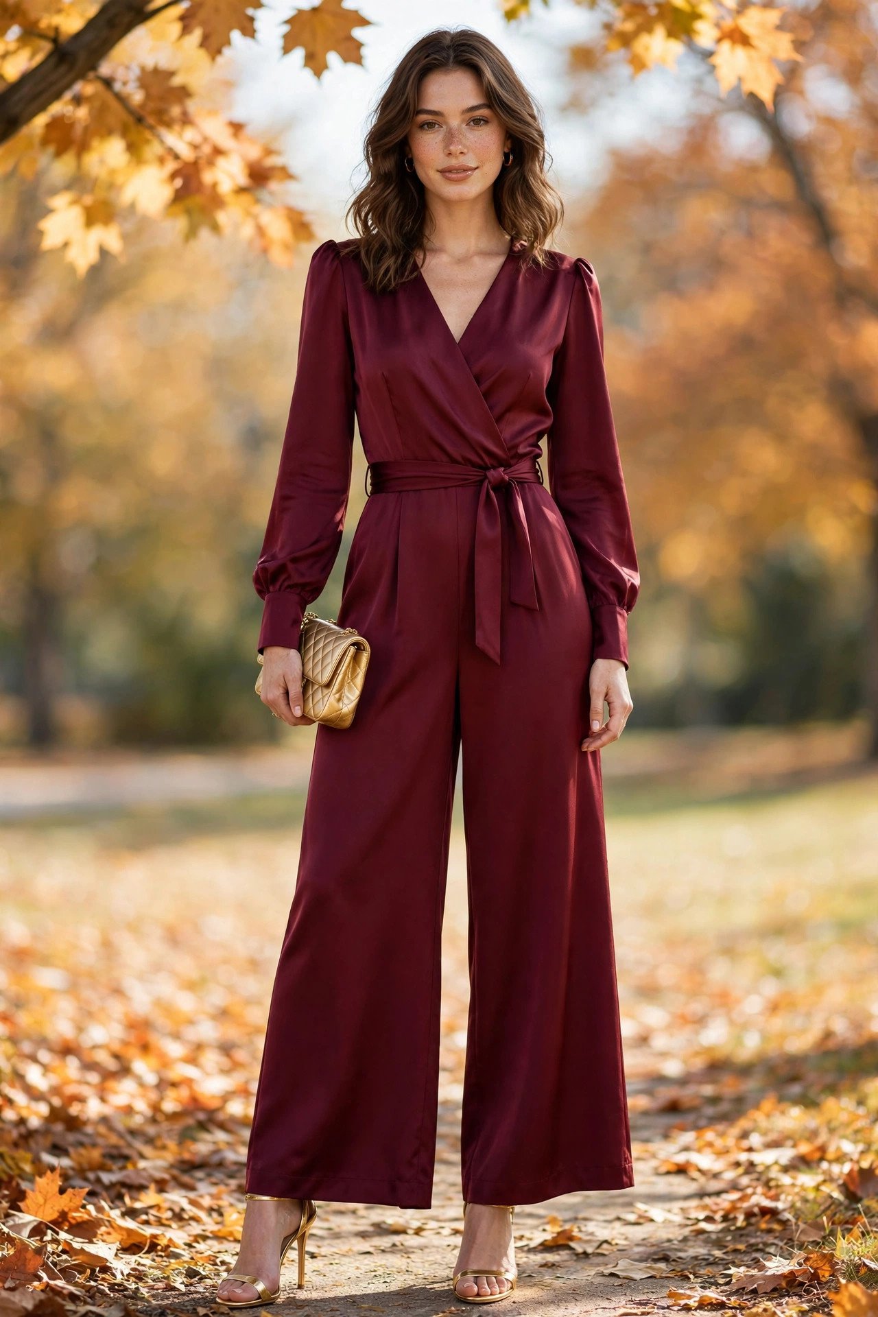 fall wedding guest outfits - wine-colored wide-leg jumpsuit