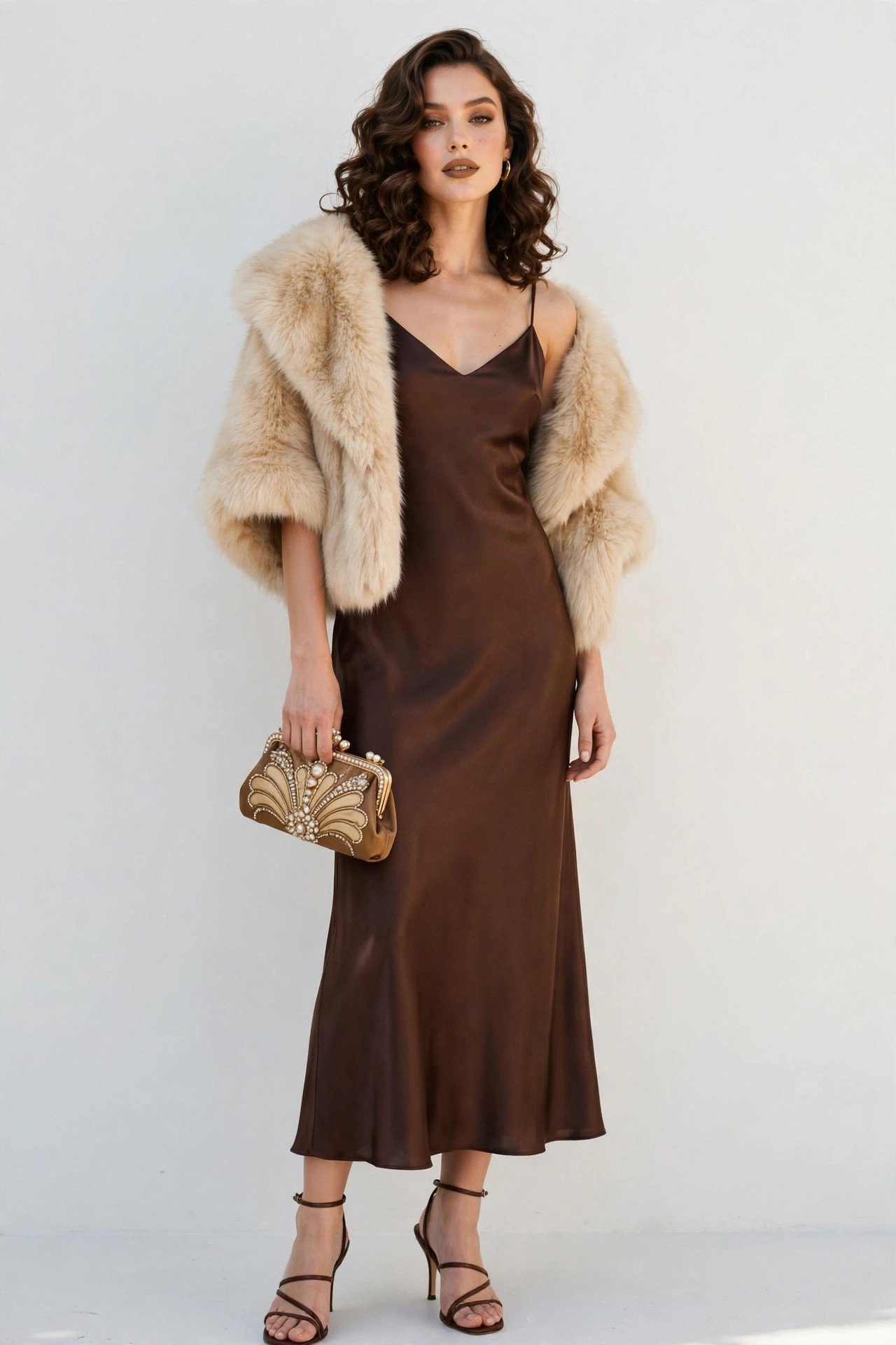 fall wedding guest outfits - chocolate slip dress and faux fur stole