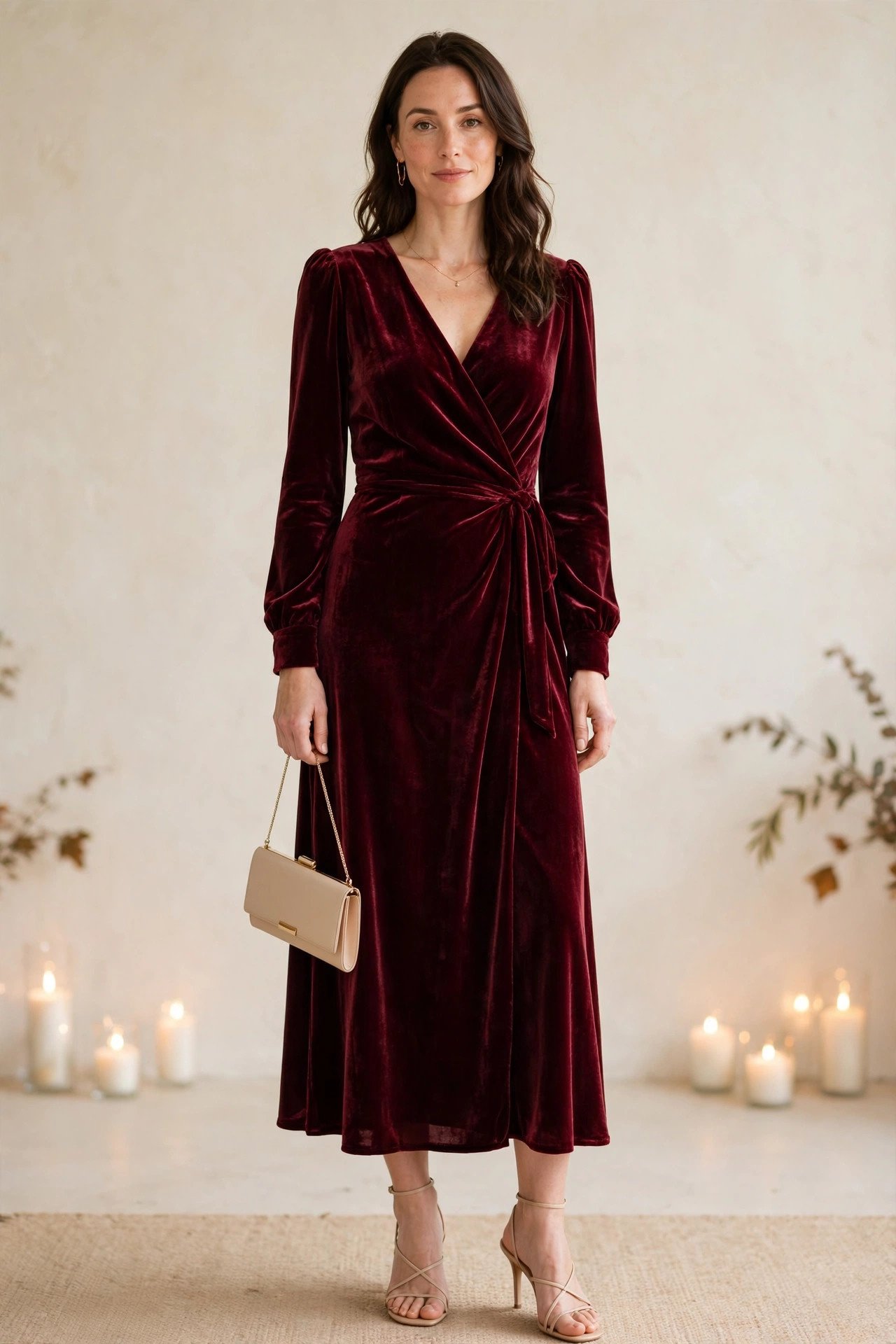 fall wedding guest outfits - burgundy velvet midi dress