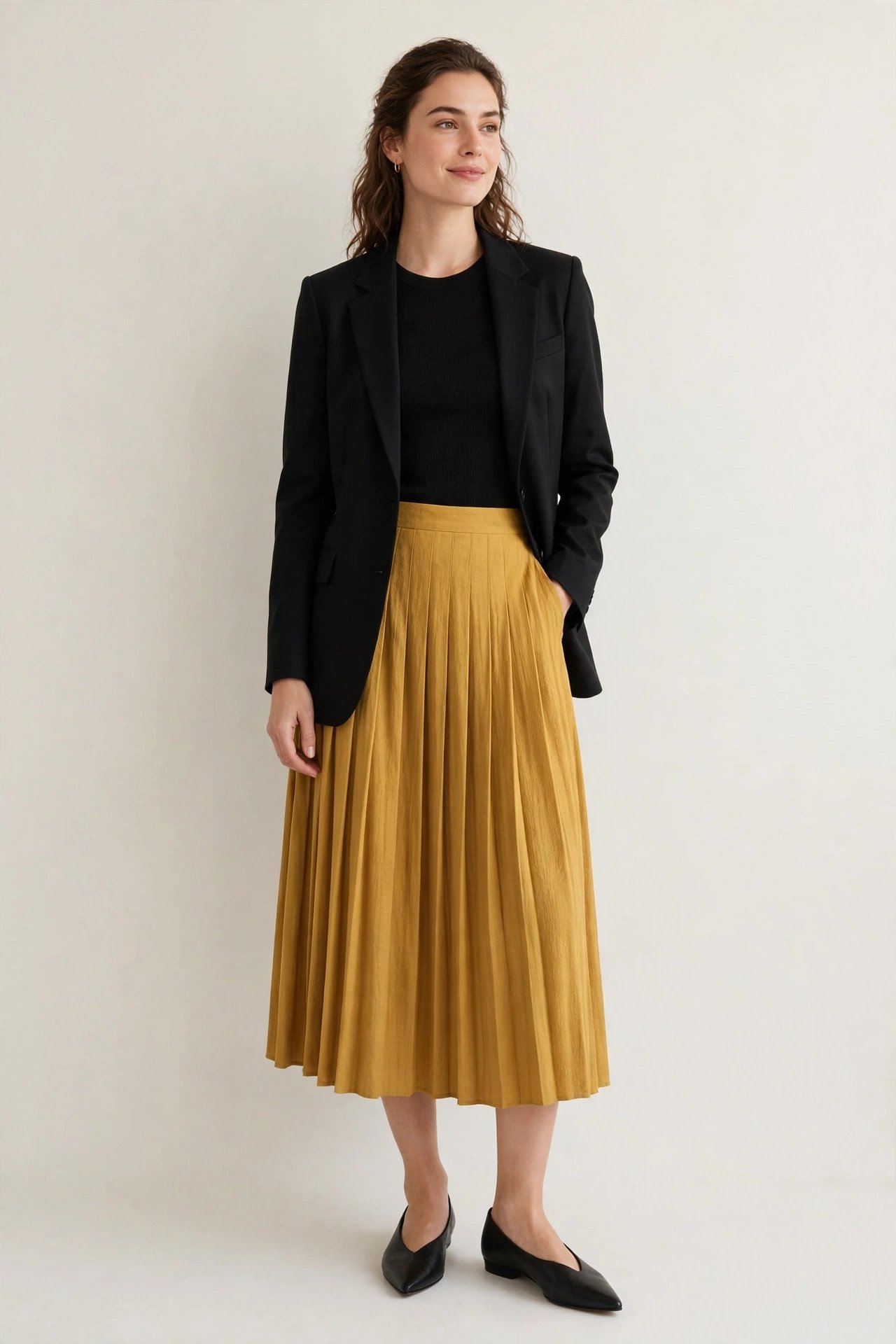 fall wedding guest outfits - mustard pleated midi and blazer