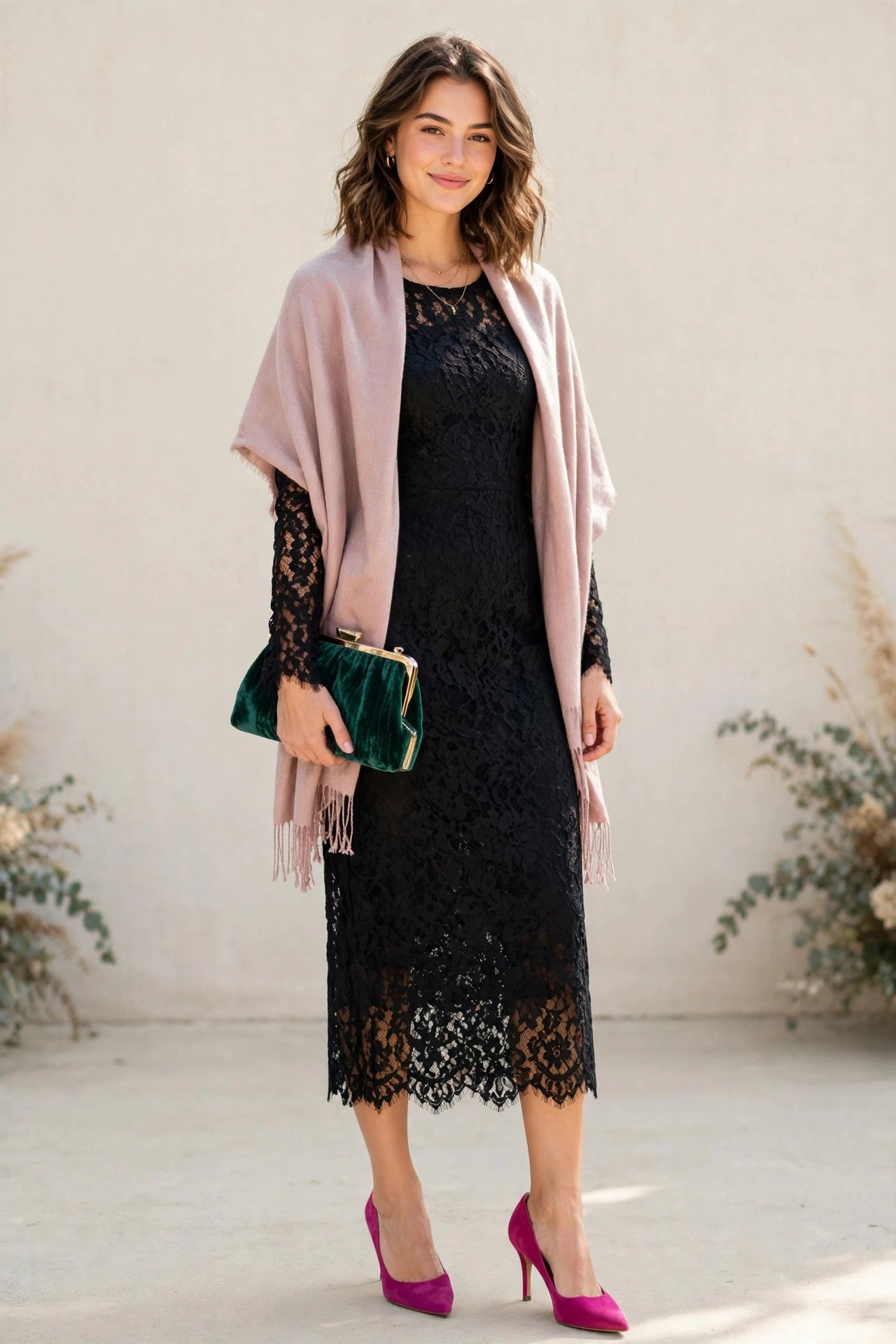 fall wedding guest outfits - black lace midi dress and shawl