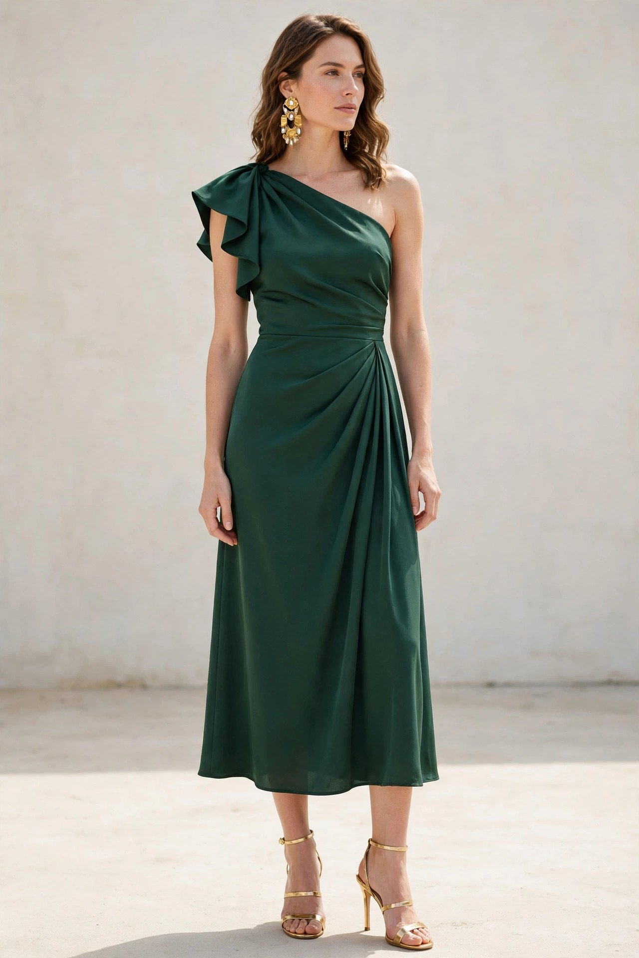 fall wedding guest outfits - forest green one-shoulder dress
