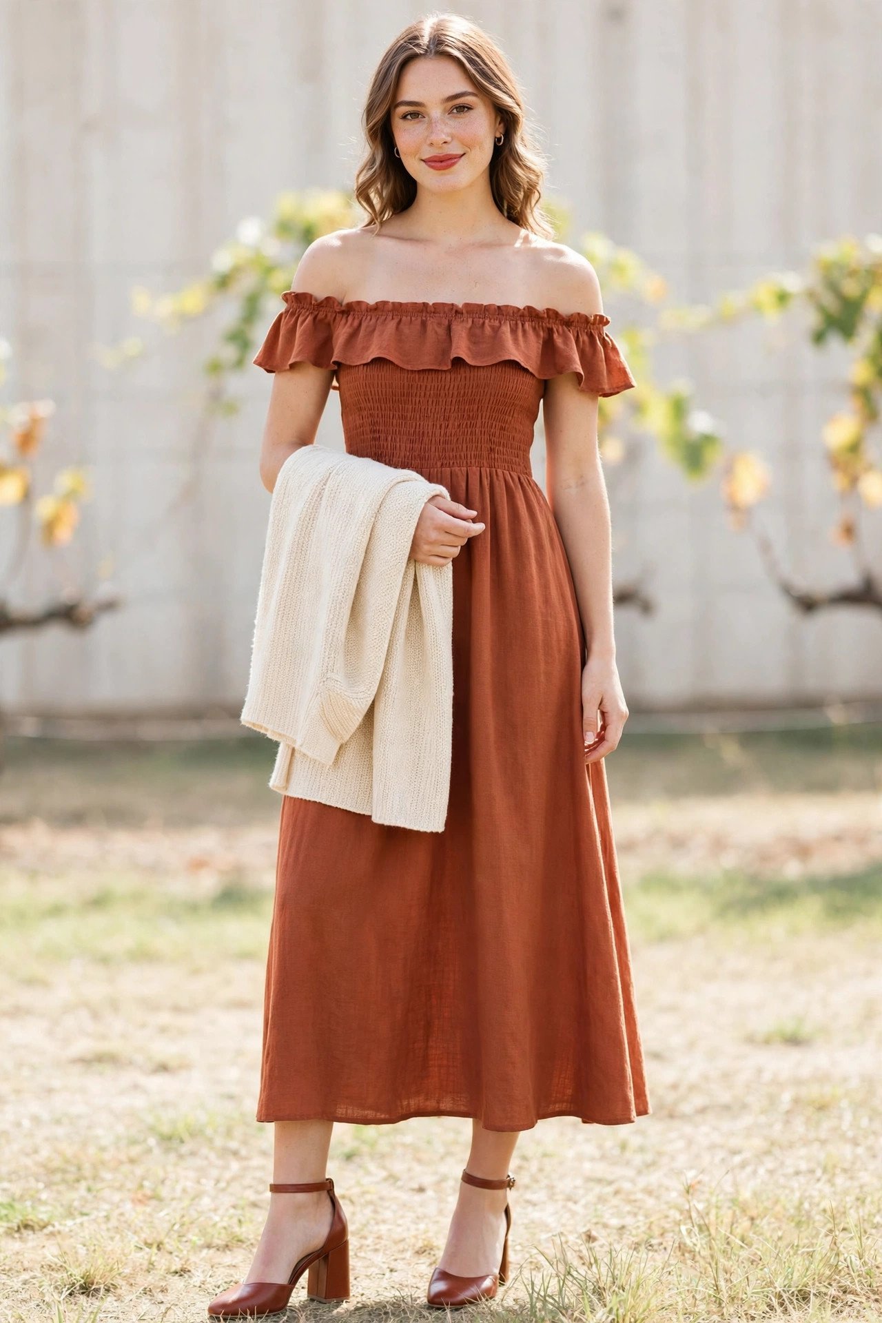 fall wedding guest outfits - rust off-shoulder midi