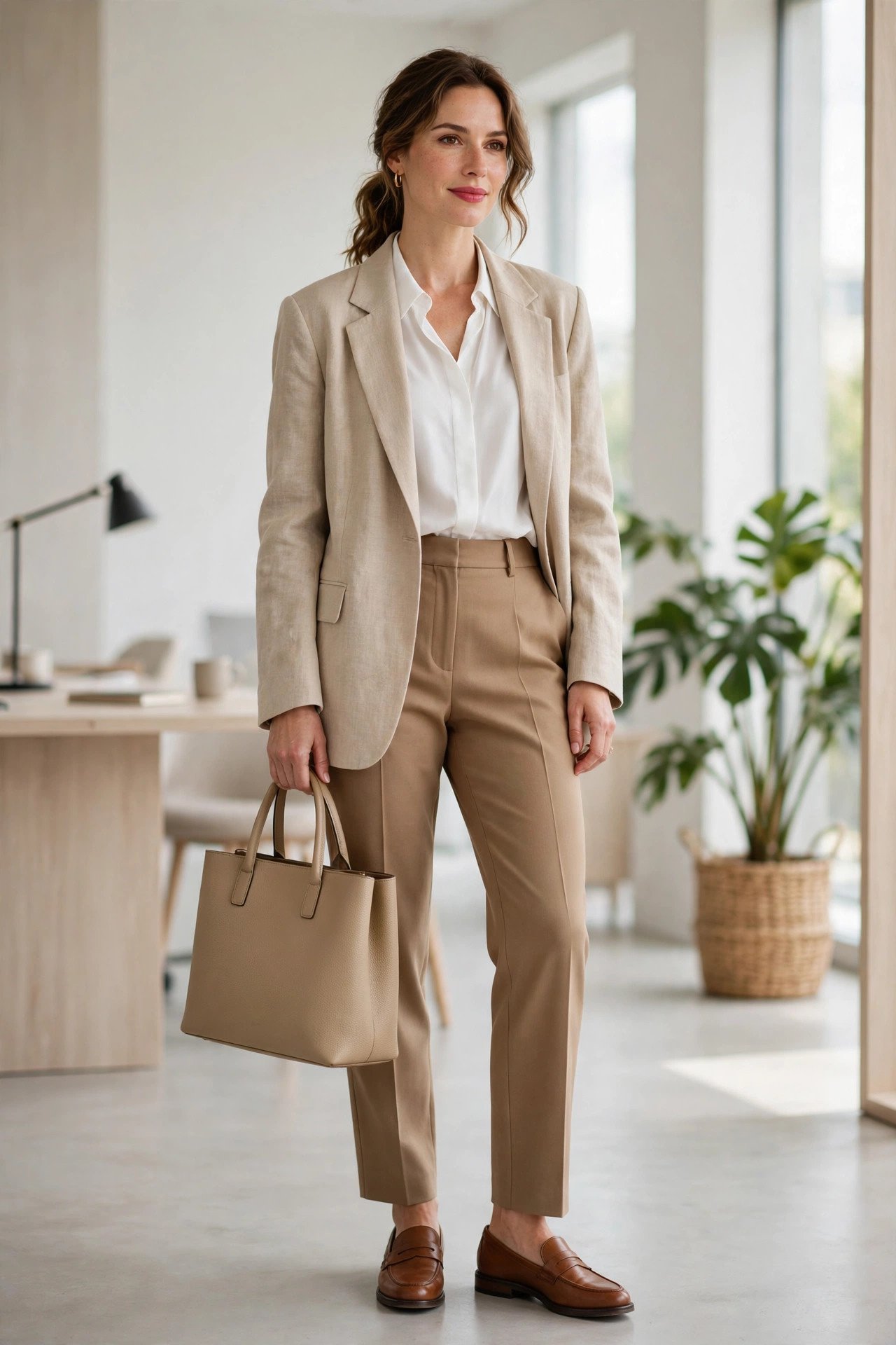 fall work outfits - beige blazer with tan trousers