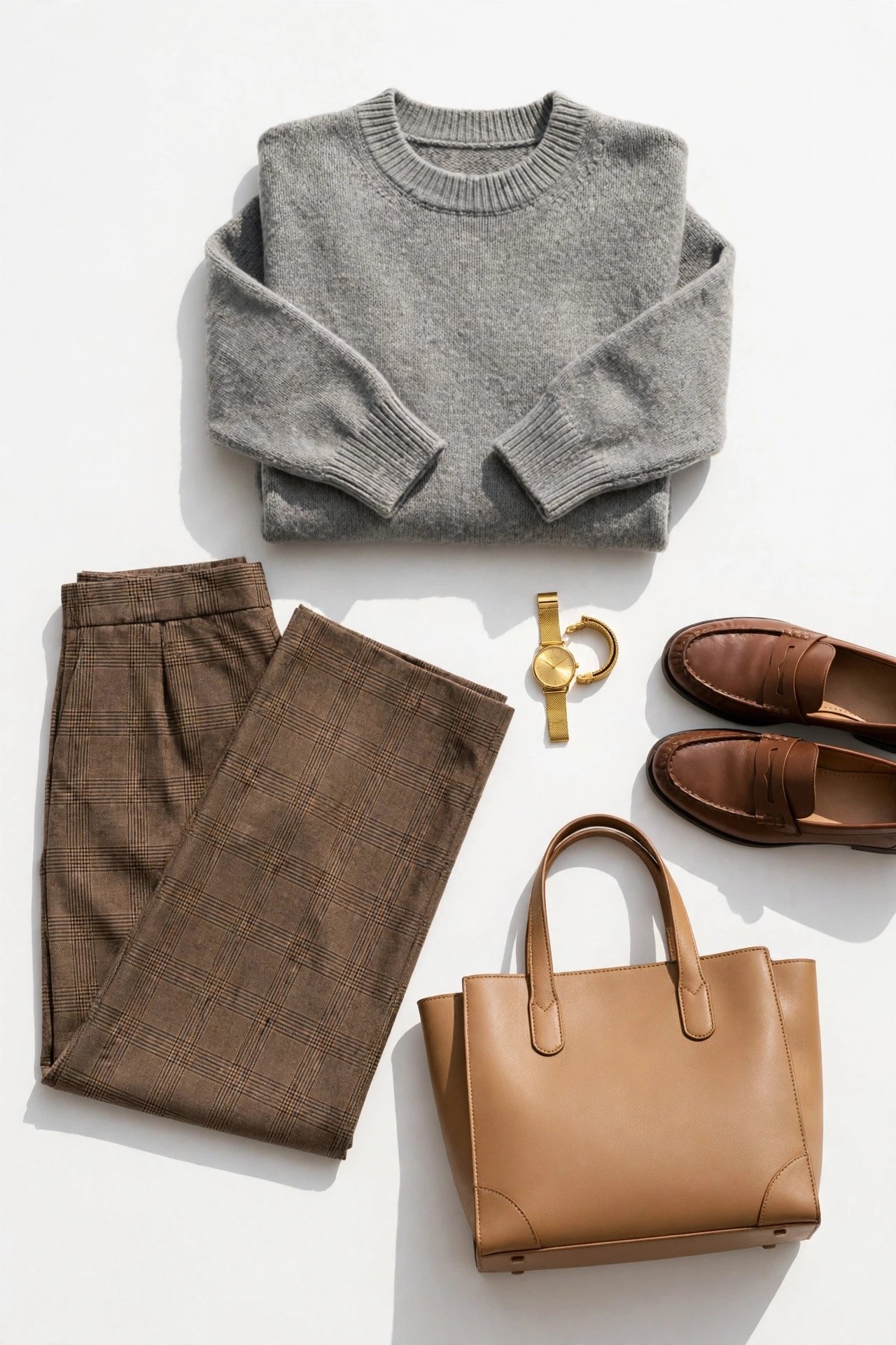 fall work outfits - grey sweater with plaid trousers flat lay