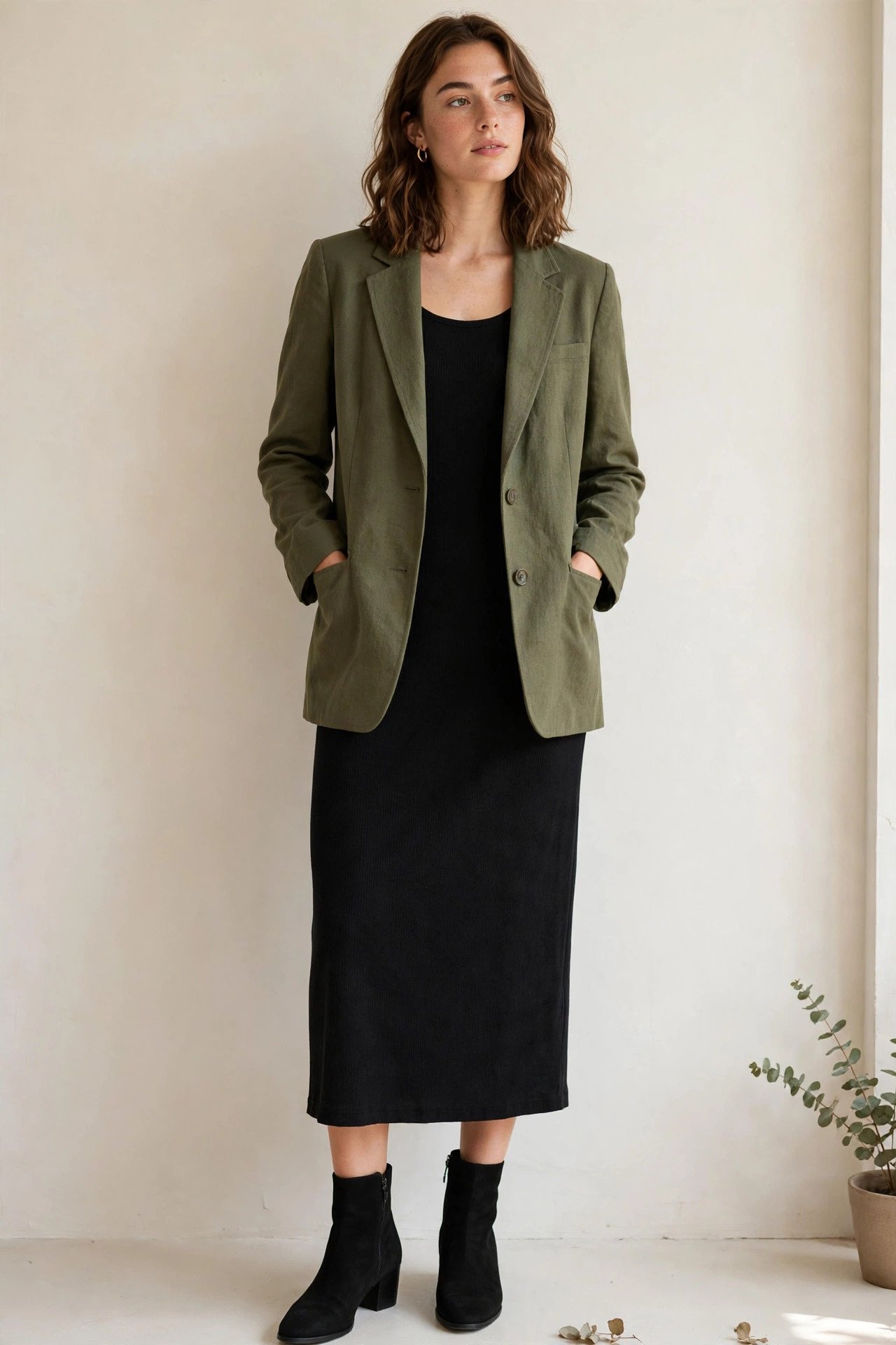 fall work outfits - olive blazer and black dress