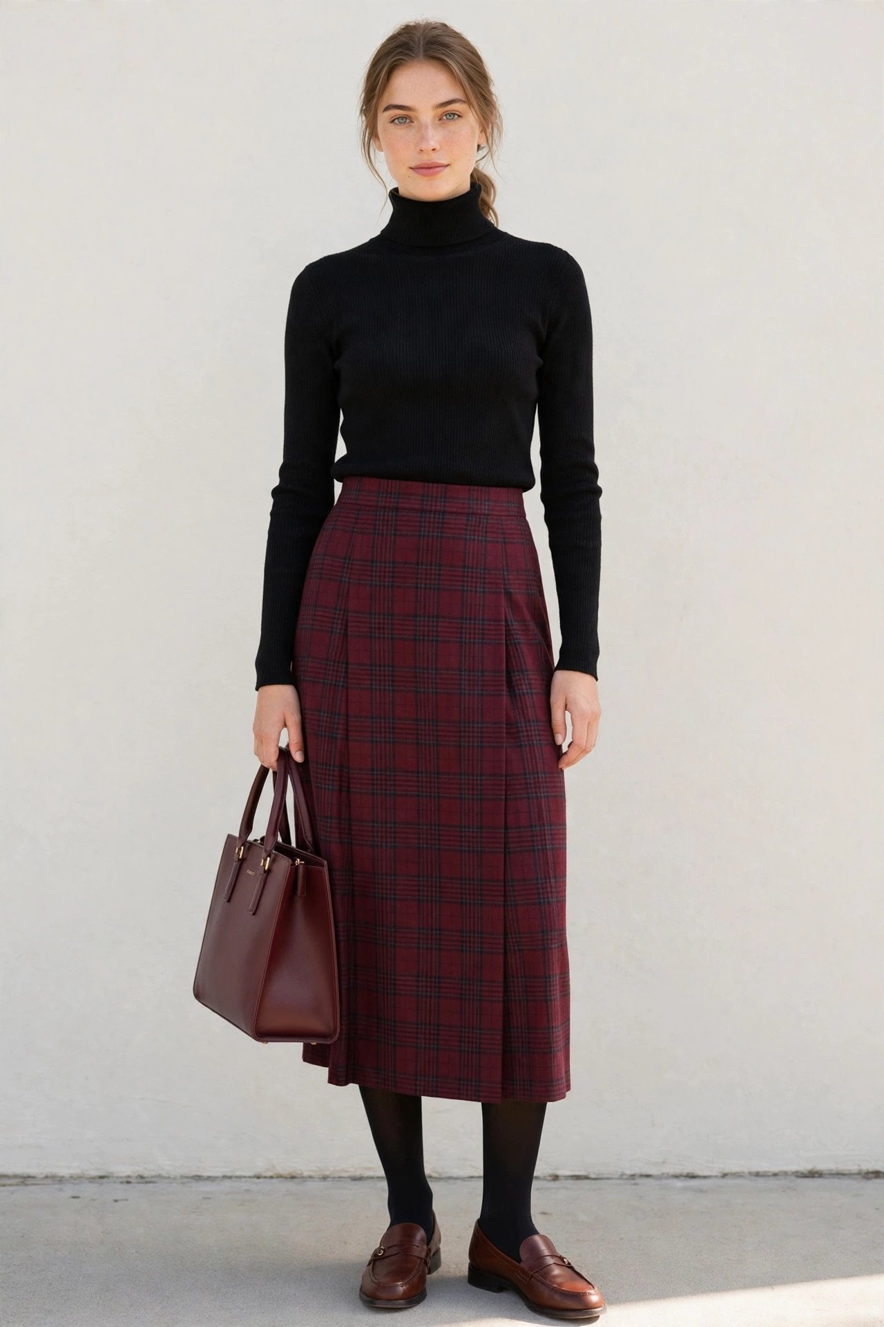 fall work outfits - turtleneck and plaid midi skirt and tights