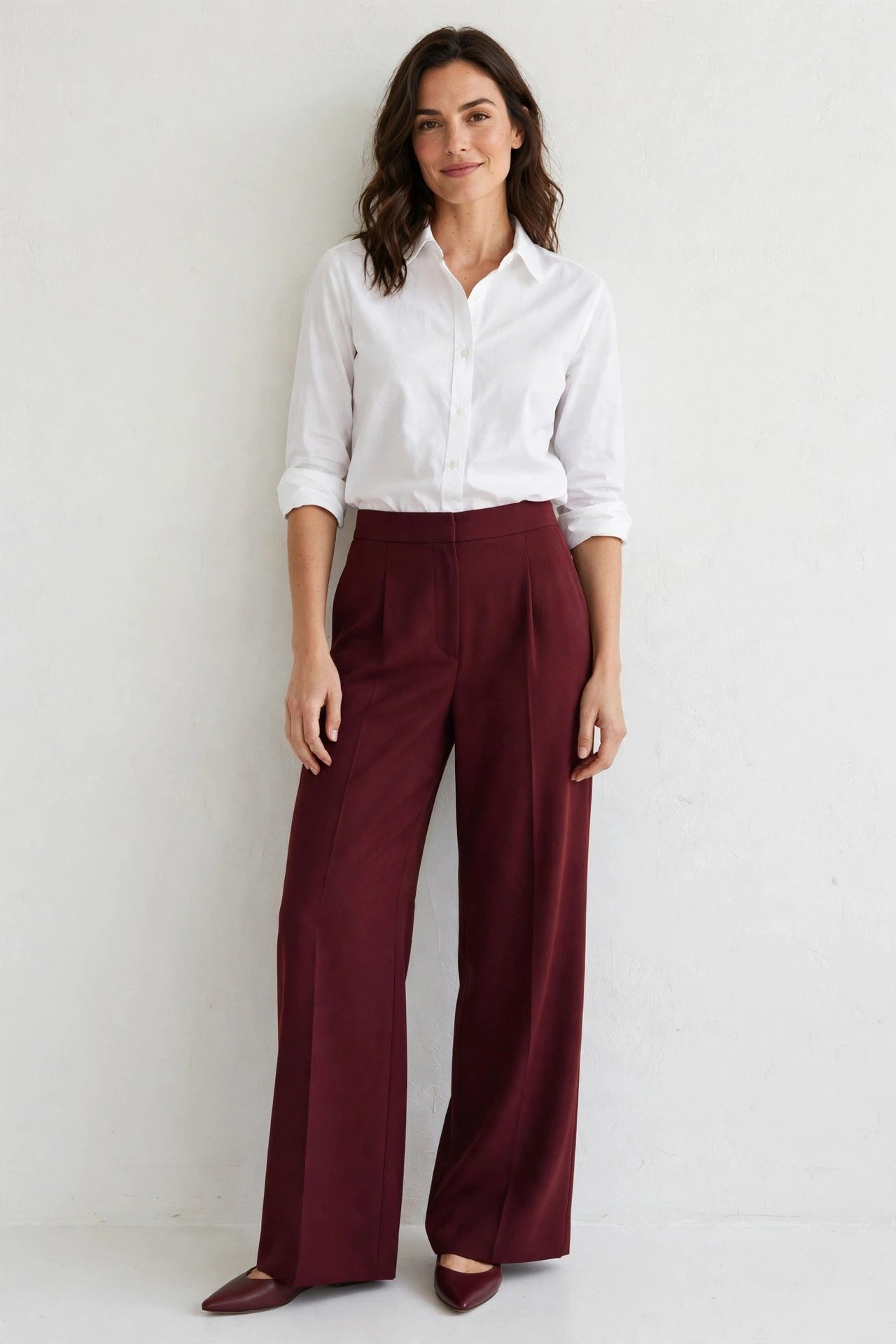 fall work outfits - white shirt and burgundy wide-leg pants