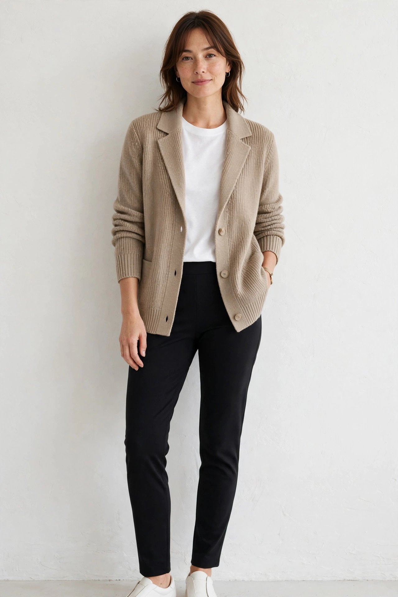 fall work outfits - knit blazer and tee and ponte pants