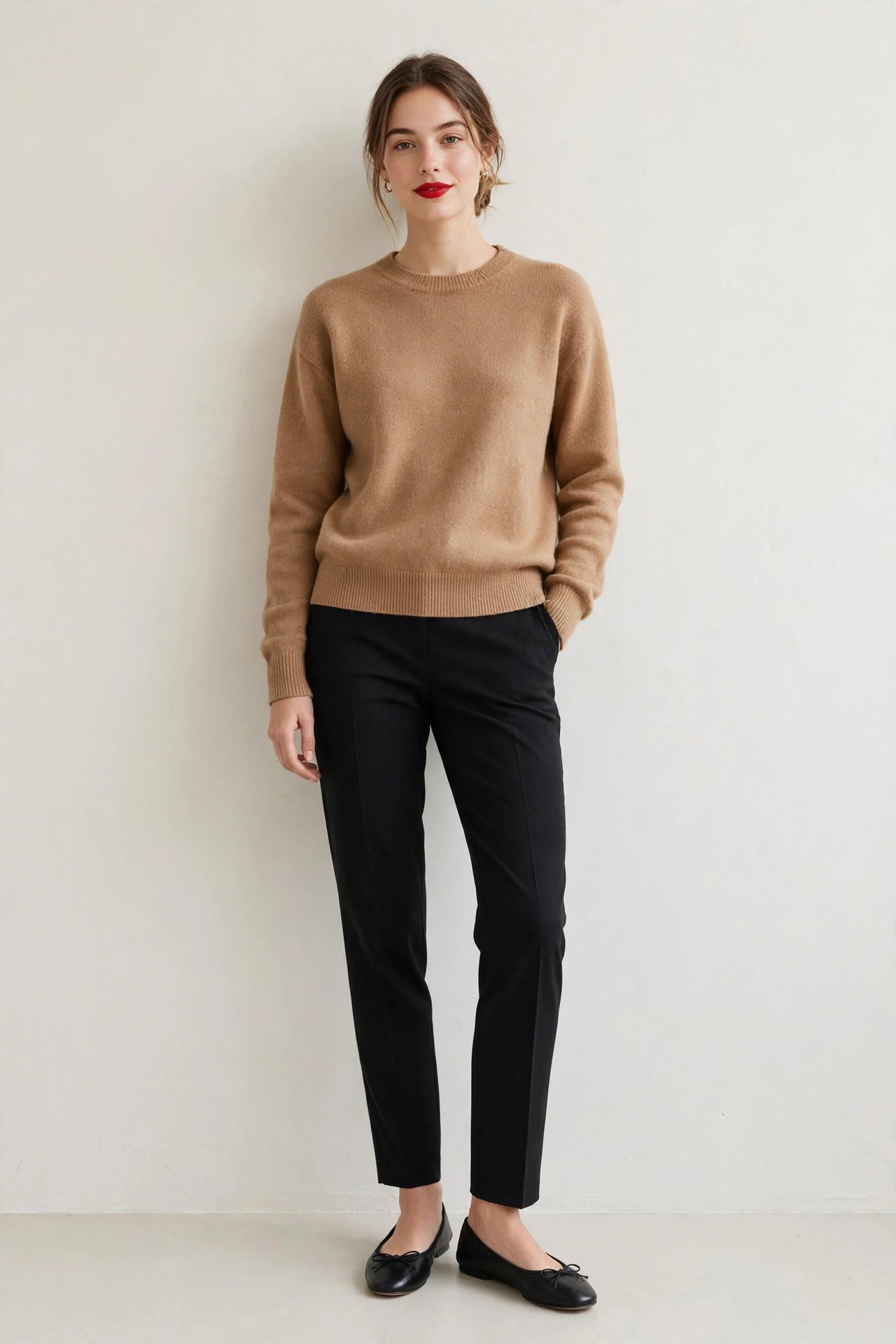fall work outfits - camel sweater and black cigarette pants