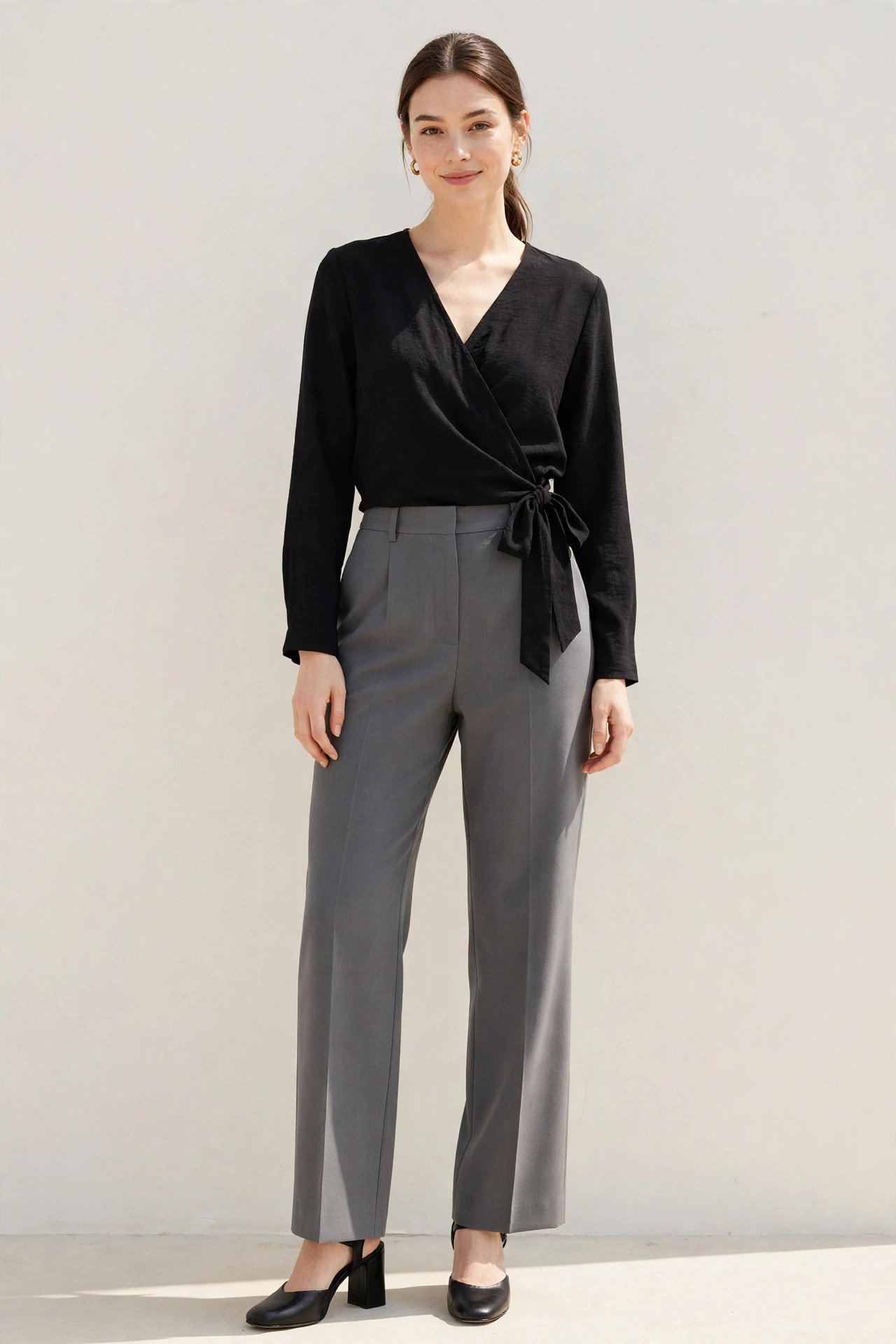fall work outfits - black wrap top and grey trousers