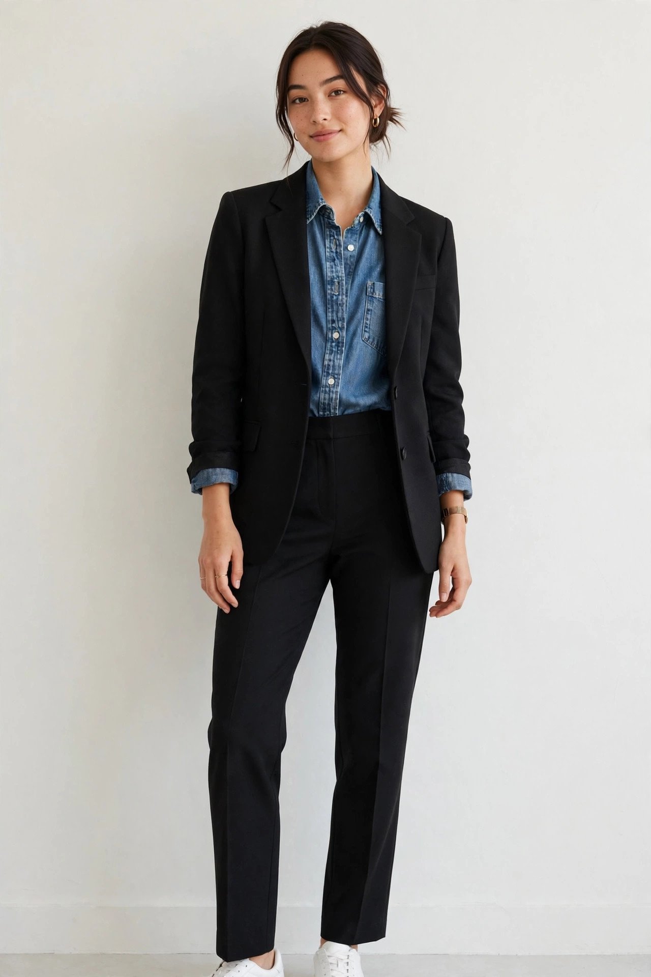 fall work outfits - denim shirt and black blazer and trousers
