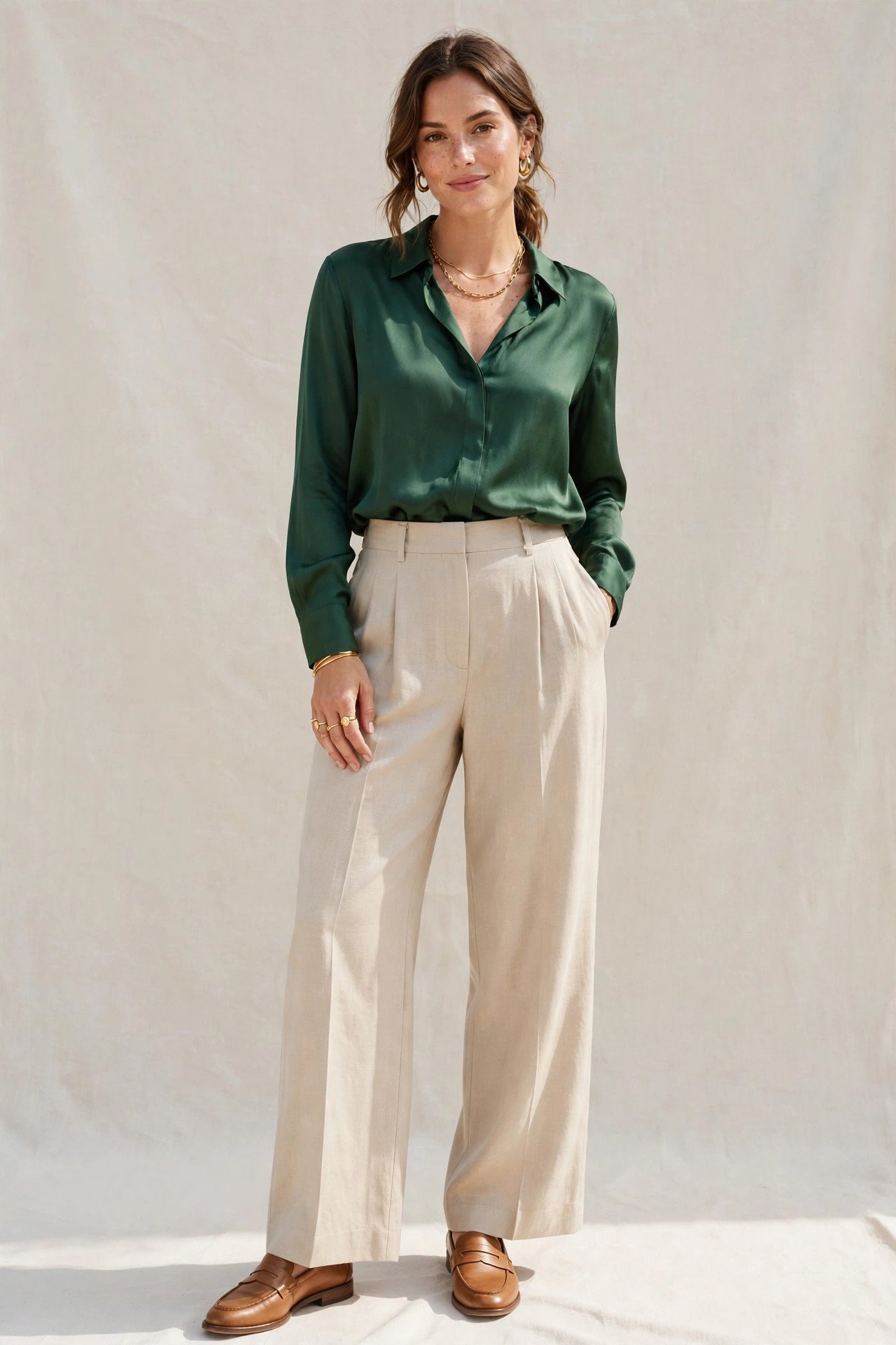 fall work outfits - forest green blouse and beige trousers