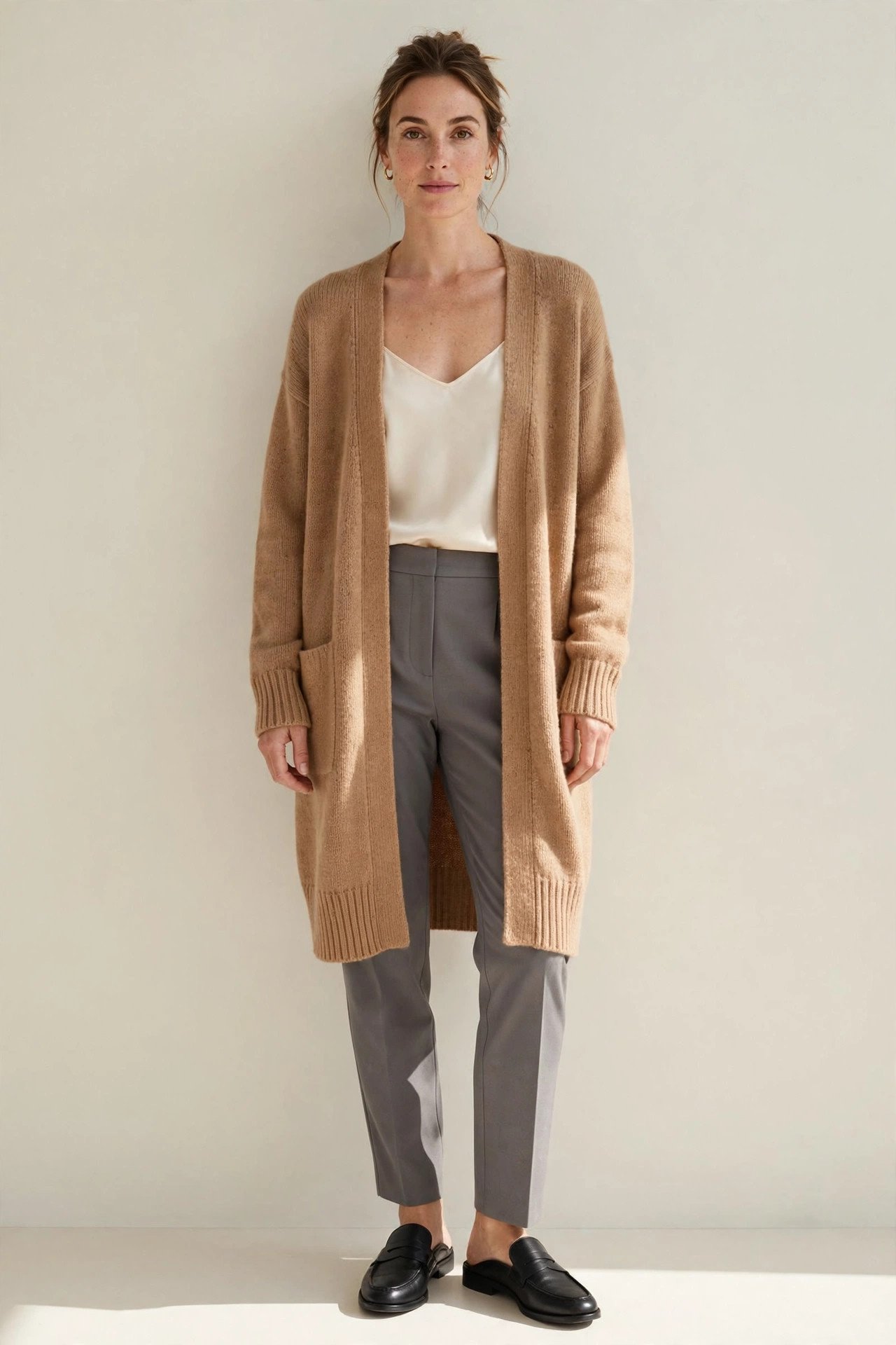 fall work outfits - long cardigan and shell top and tailored pants