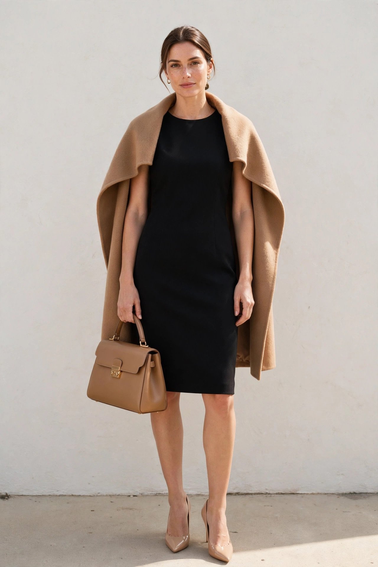 fall work outfits - camel coat and black sheath dress