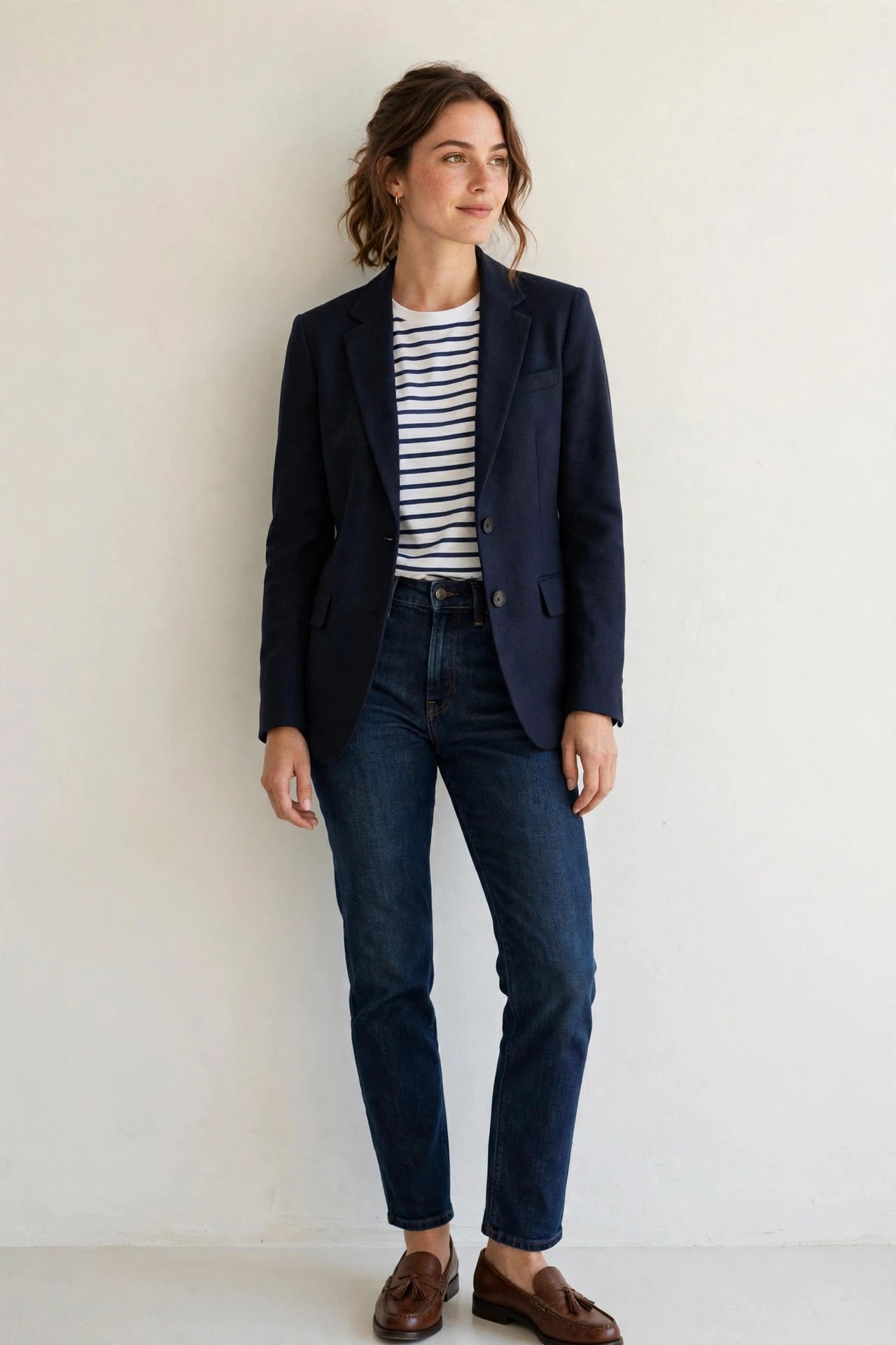 fall work outfits - navy blazer and striped tee and dark jeans