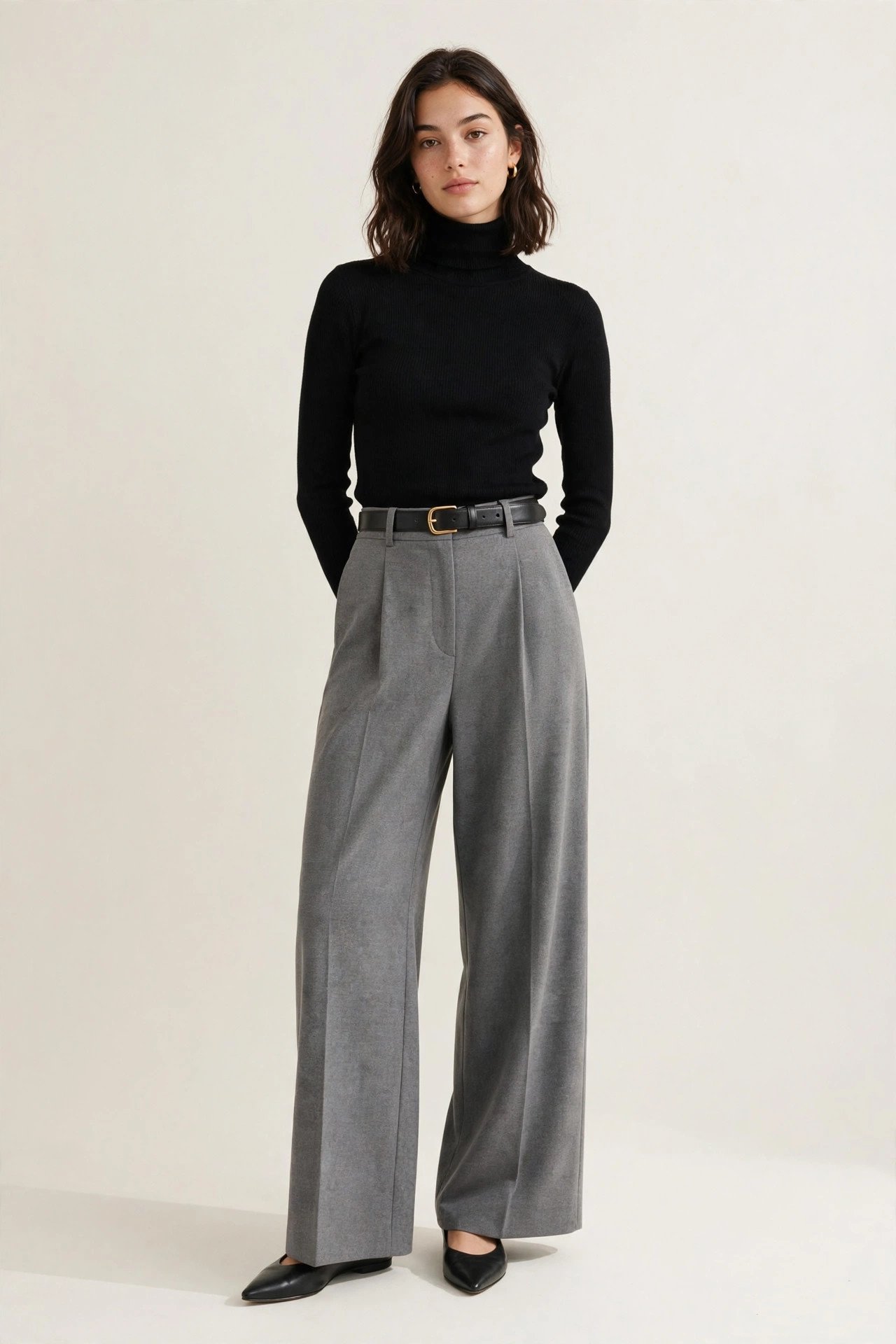 fall work outfits - black turtleneck and grey wide-leg pants