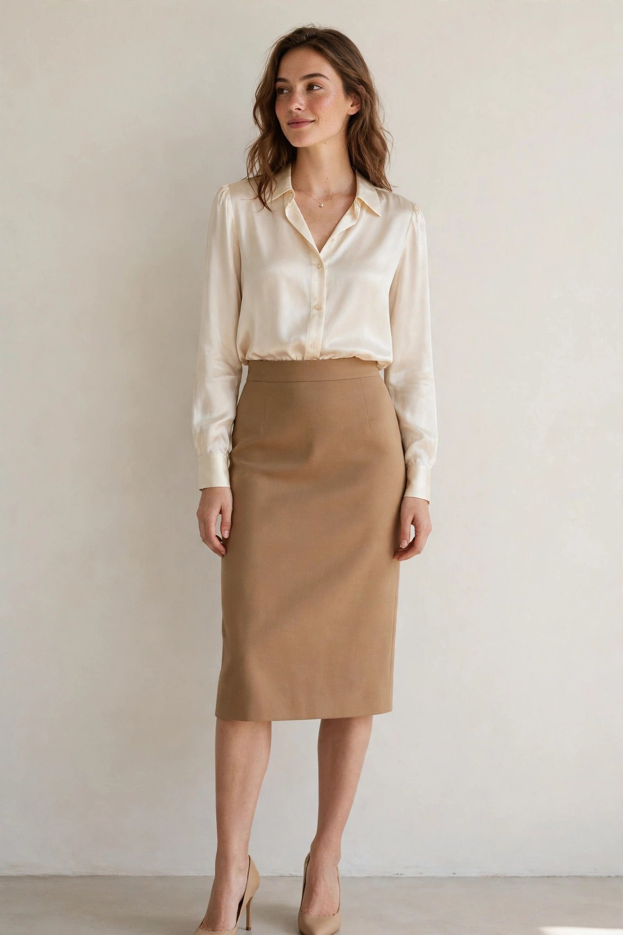 fall work outfits - cream blouse and camel pencil skirt