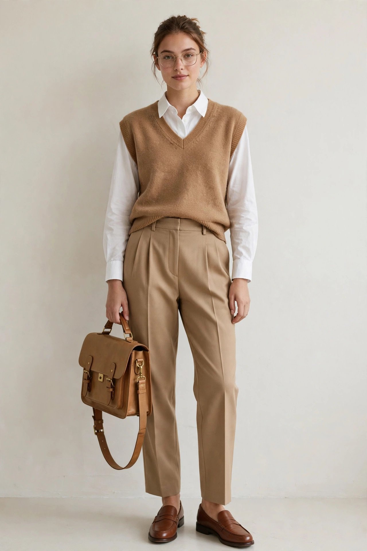 fall work outfits - sweater vest and button-down and pleated trousers