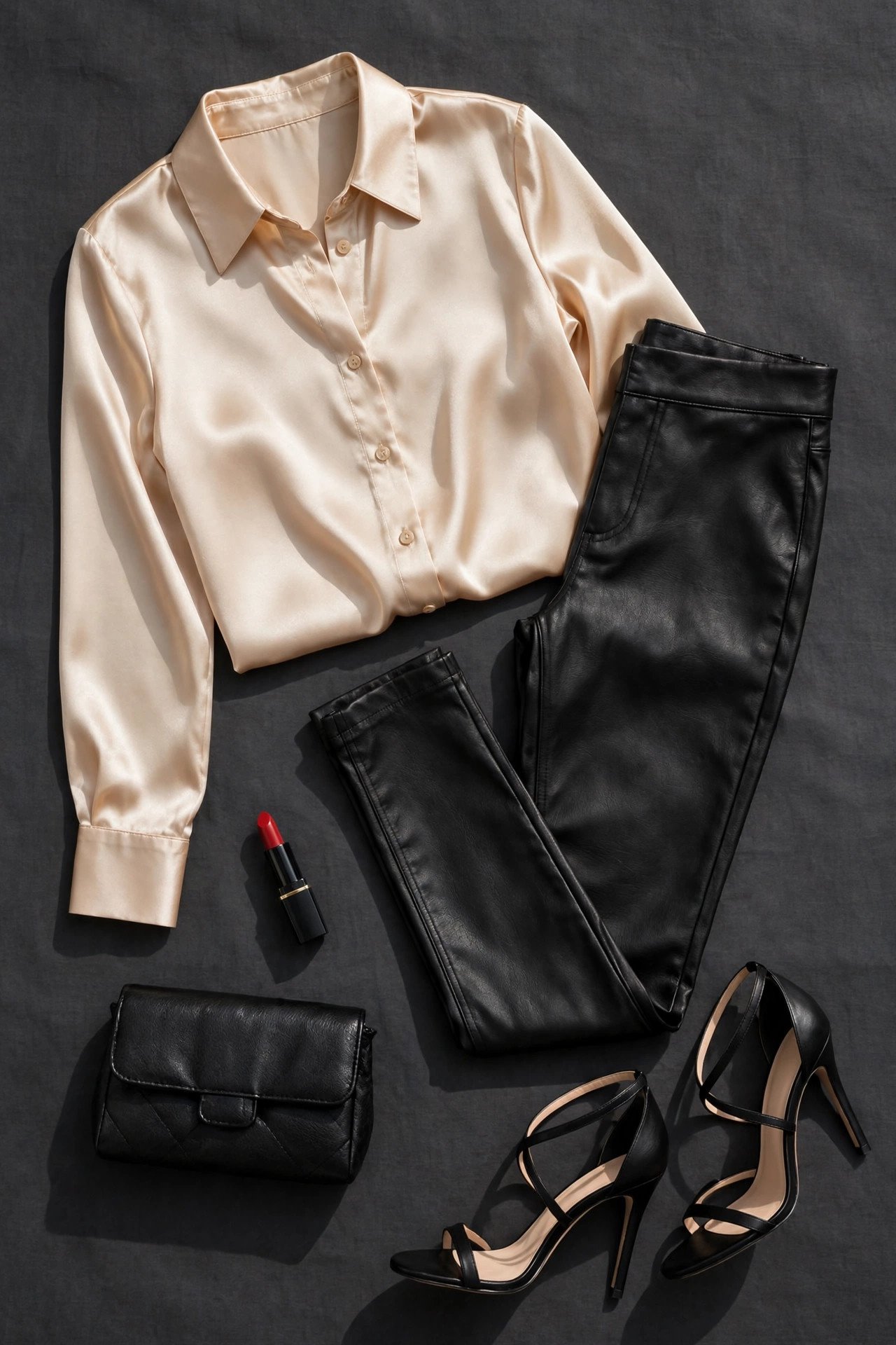 holiday party outfits - satin blouse with leather pants flat lay
