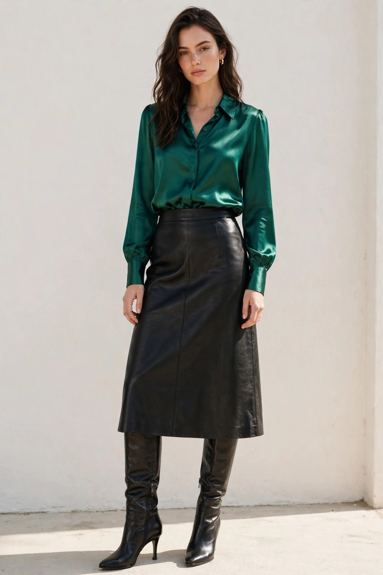 holiday party outfits - emerald satin blouse and black leather midi skirt