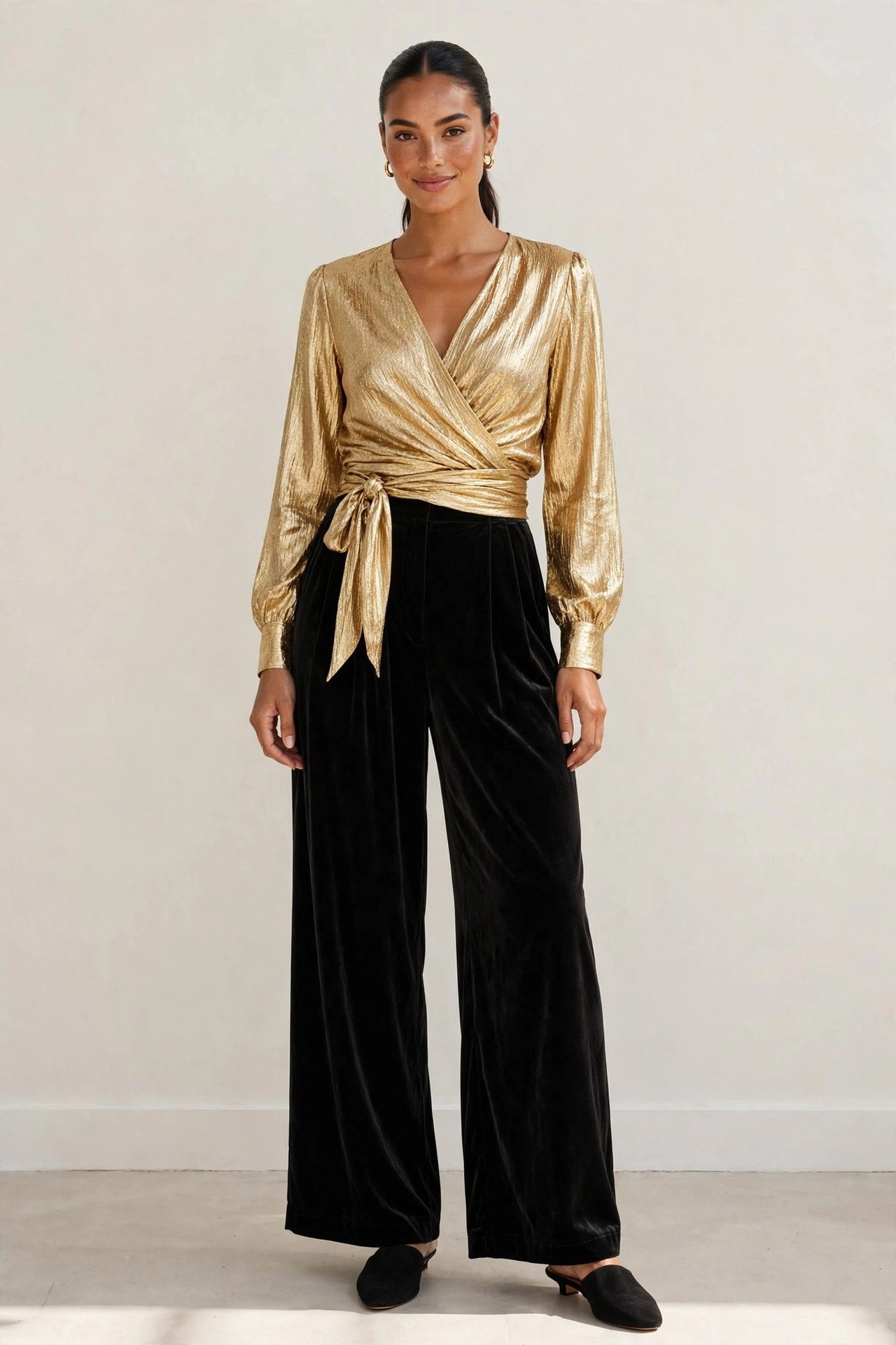 holiday party outfits - gold lamé top and black velvet trousers