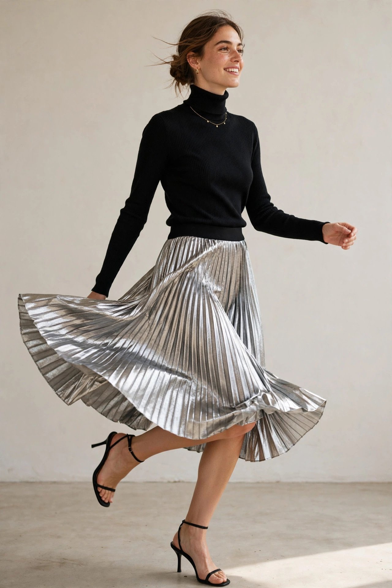 holiday party outfits - silver pleated midi skirt and black turtleneck