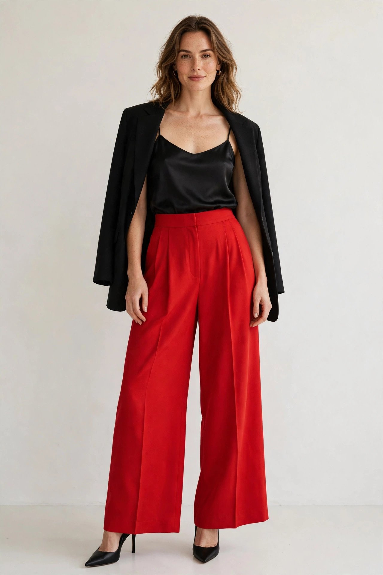 holiday party outfits - red wide-leg trousers and black satin cami