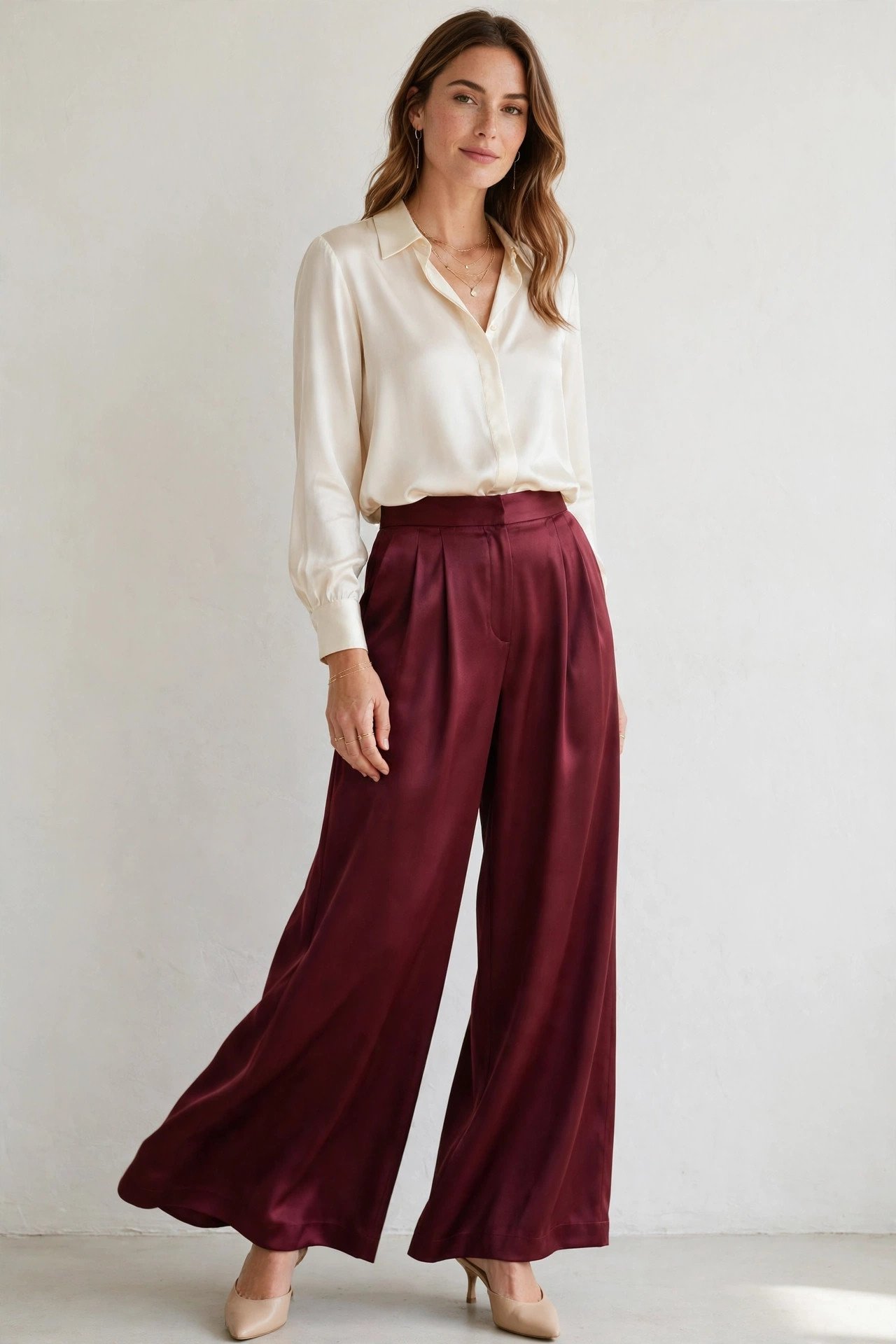 holiday party outfits - burgundy satin wide-leg pants and cream silk blouse