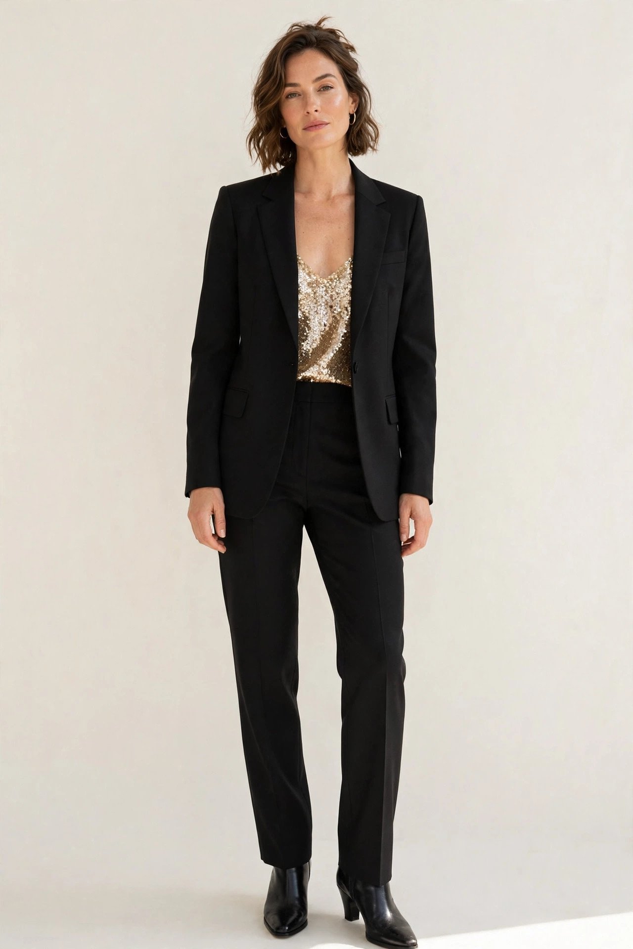 holiday party outfits - sequin camisole and black tailored suit