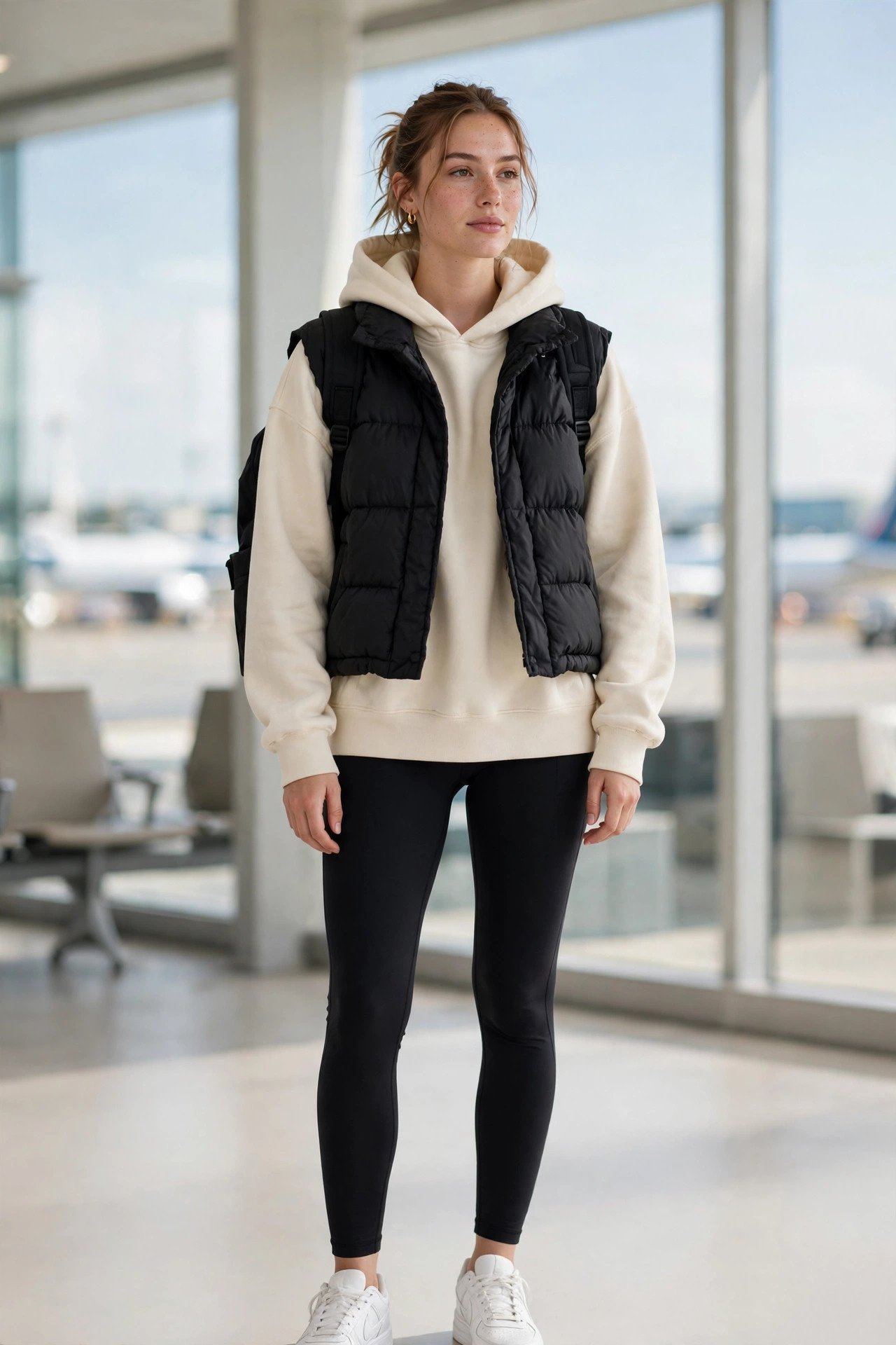 holiday travel outfits - leggings with hoodie and puffer vest