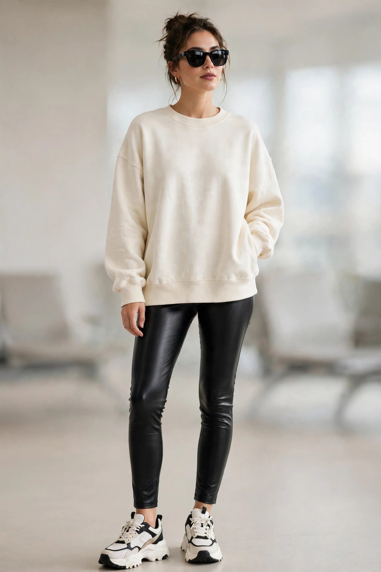 holiday travel outfits - sweatshirt and faux leather leggings