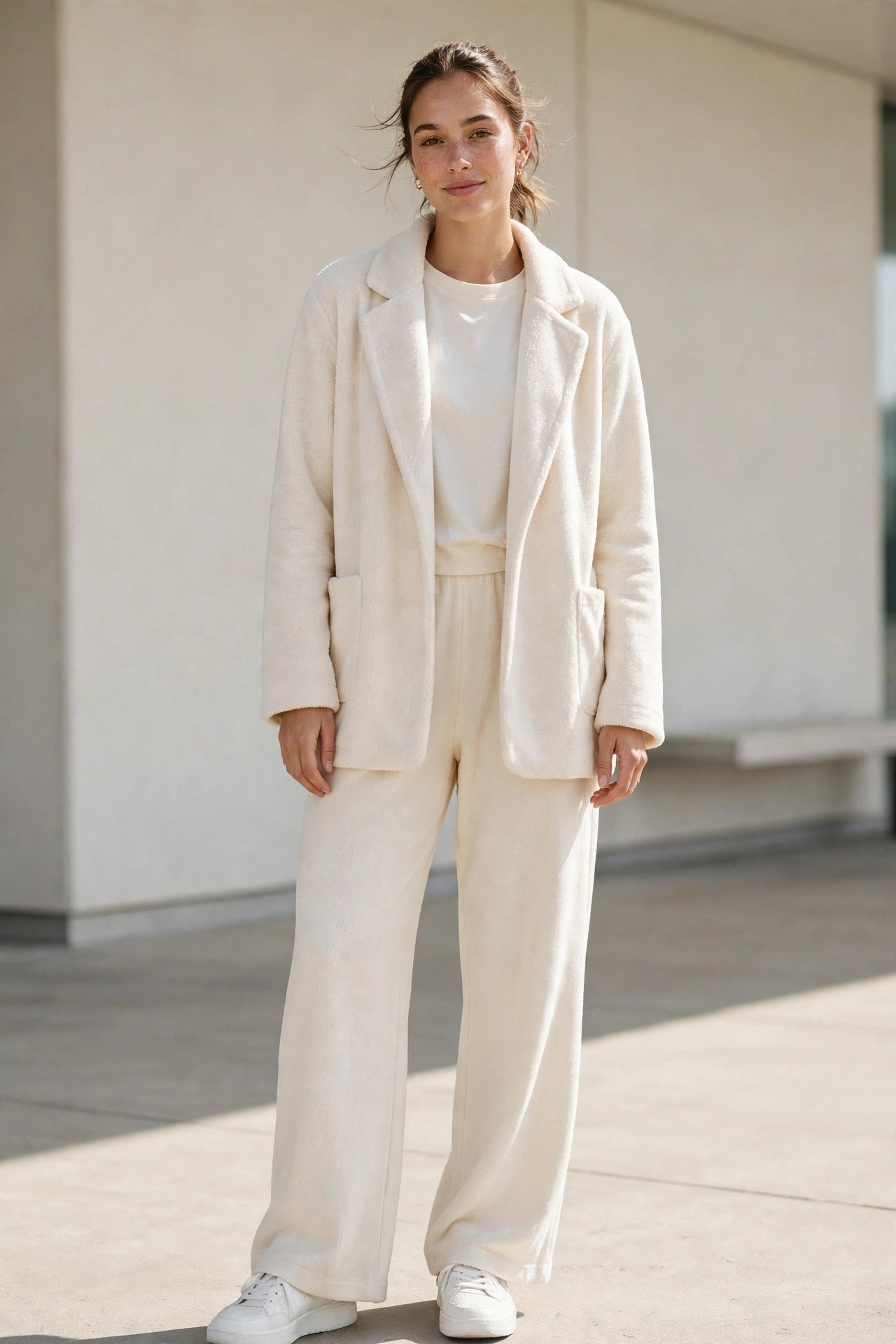 holiday travel outfits - wide-leg trousers and blazer and sneakers