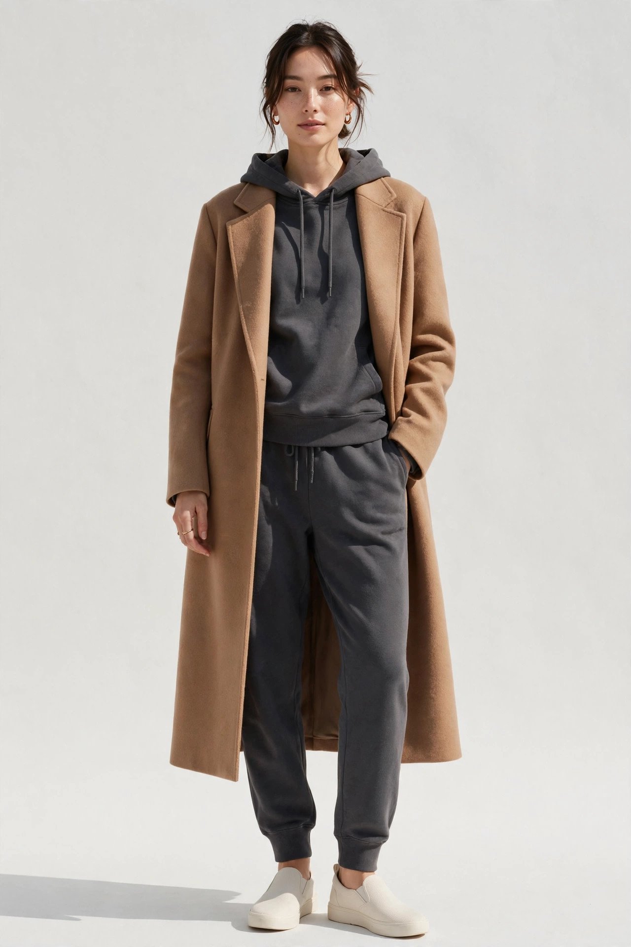 holiday travel outfits - charcoal jogger set and long camel coat