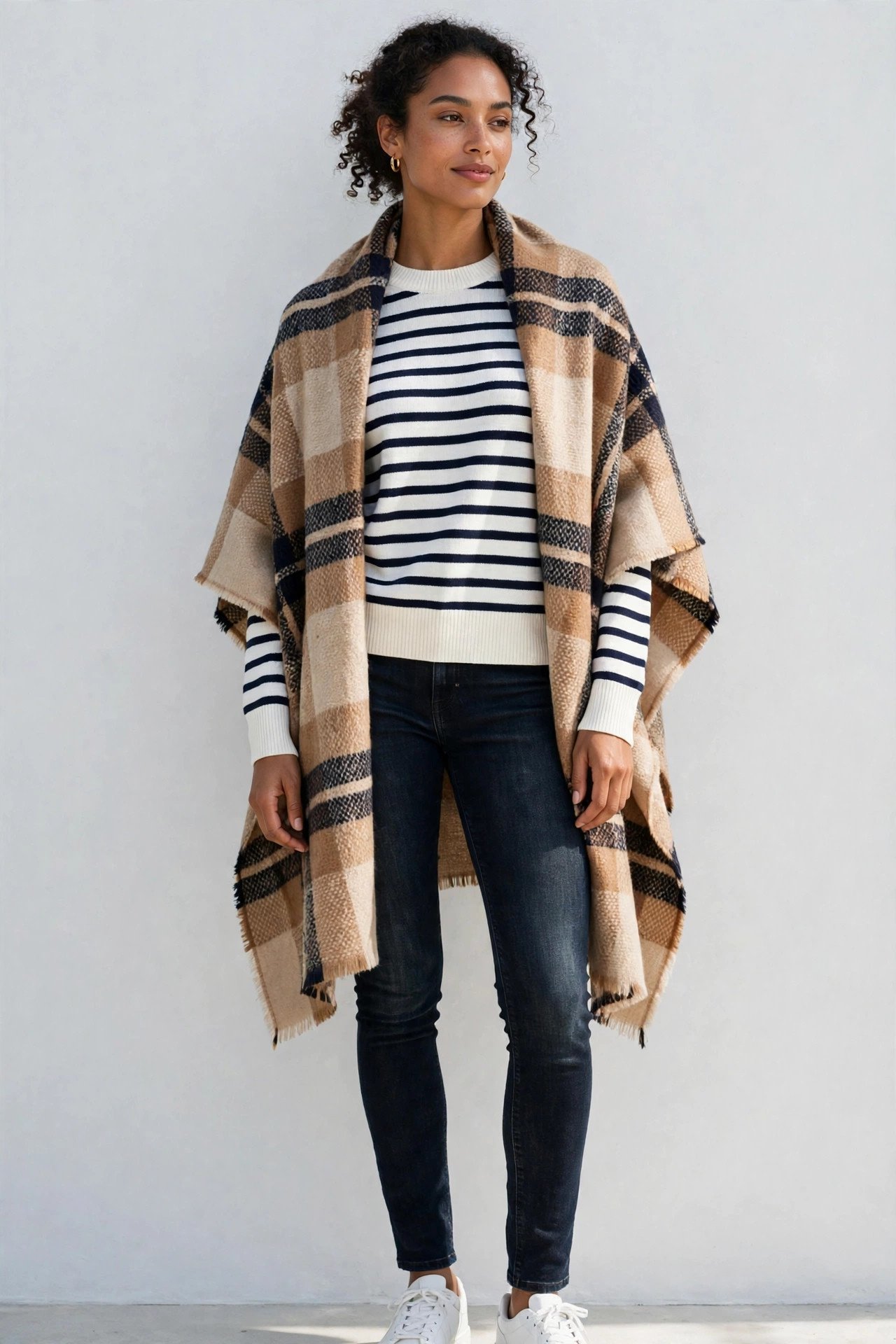 holiday travel outfits - dark jeans and striped sweater and scarf