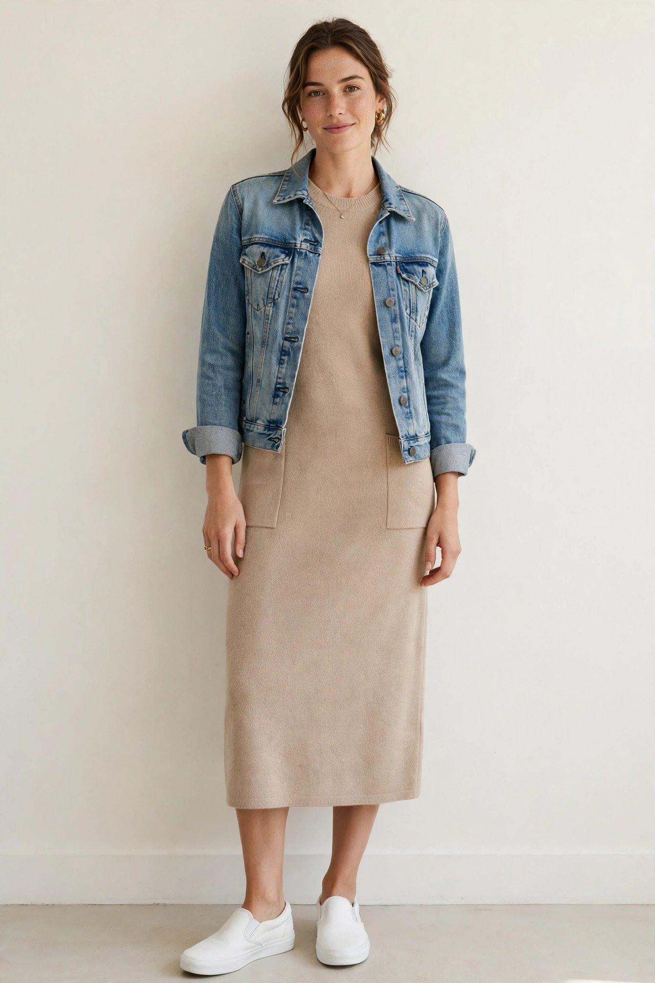 holiday travel outfits - ponte knit midi dress and denim jacket