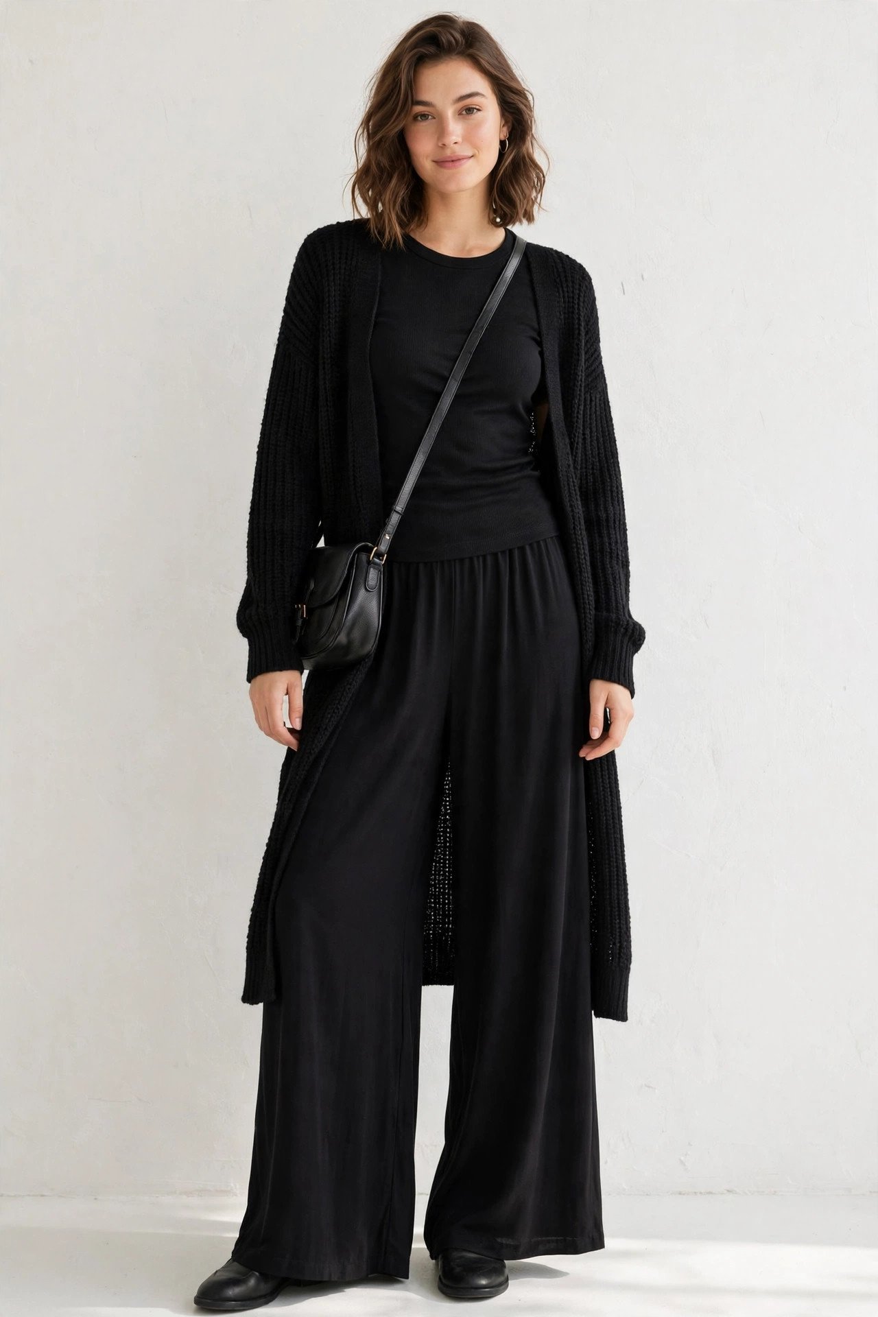holiday travel outfits - black palazzo pants and fitted tee and cardigan