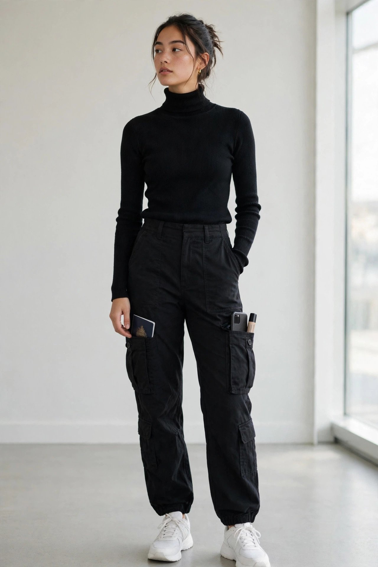 holiday travel outfits - cargo pants and black turtleneck
