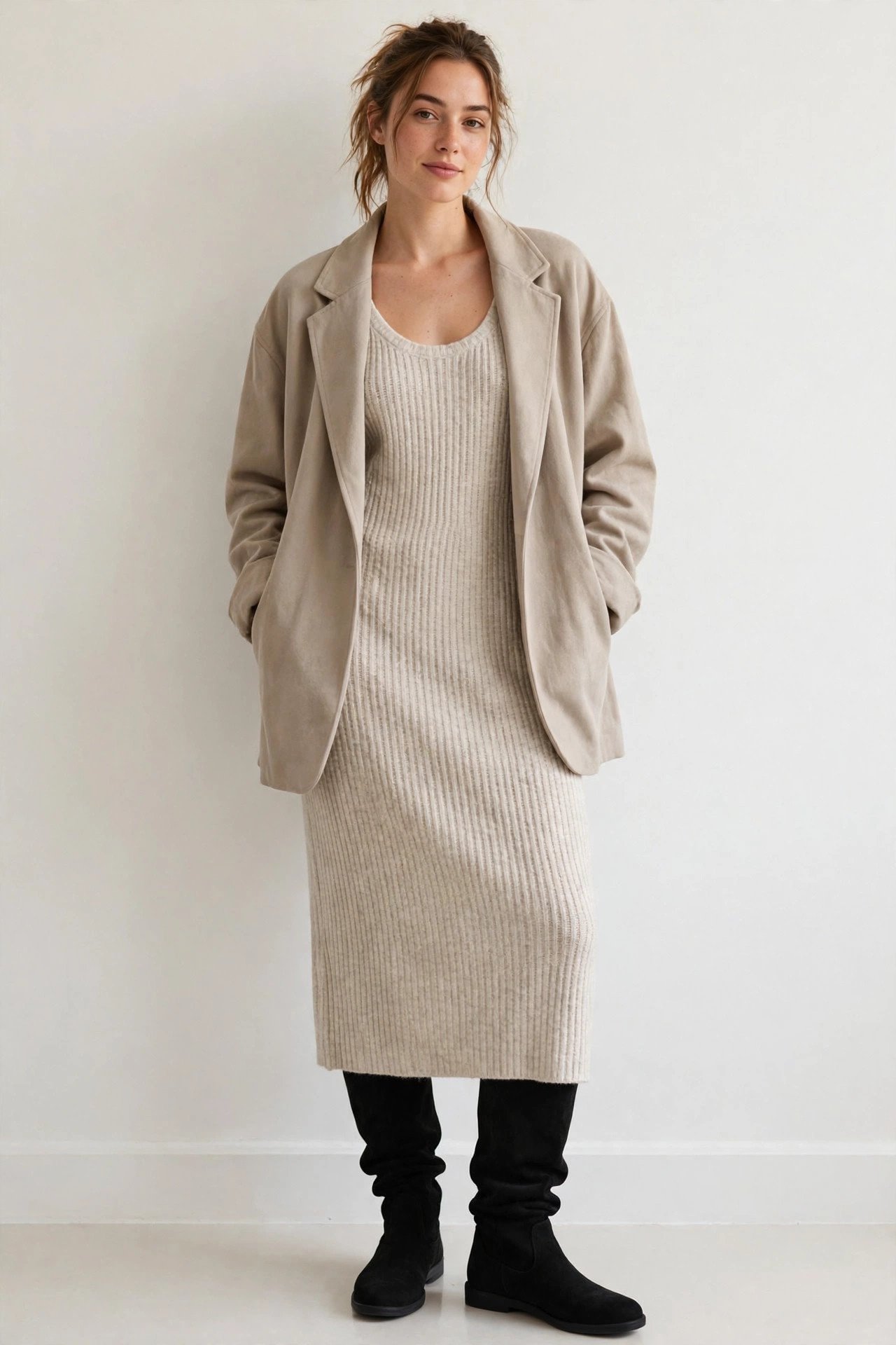 holiday travel outfits - ribbed knit dress and oversized blazer and boots