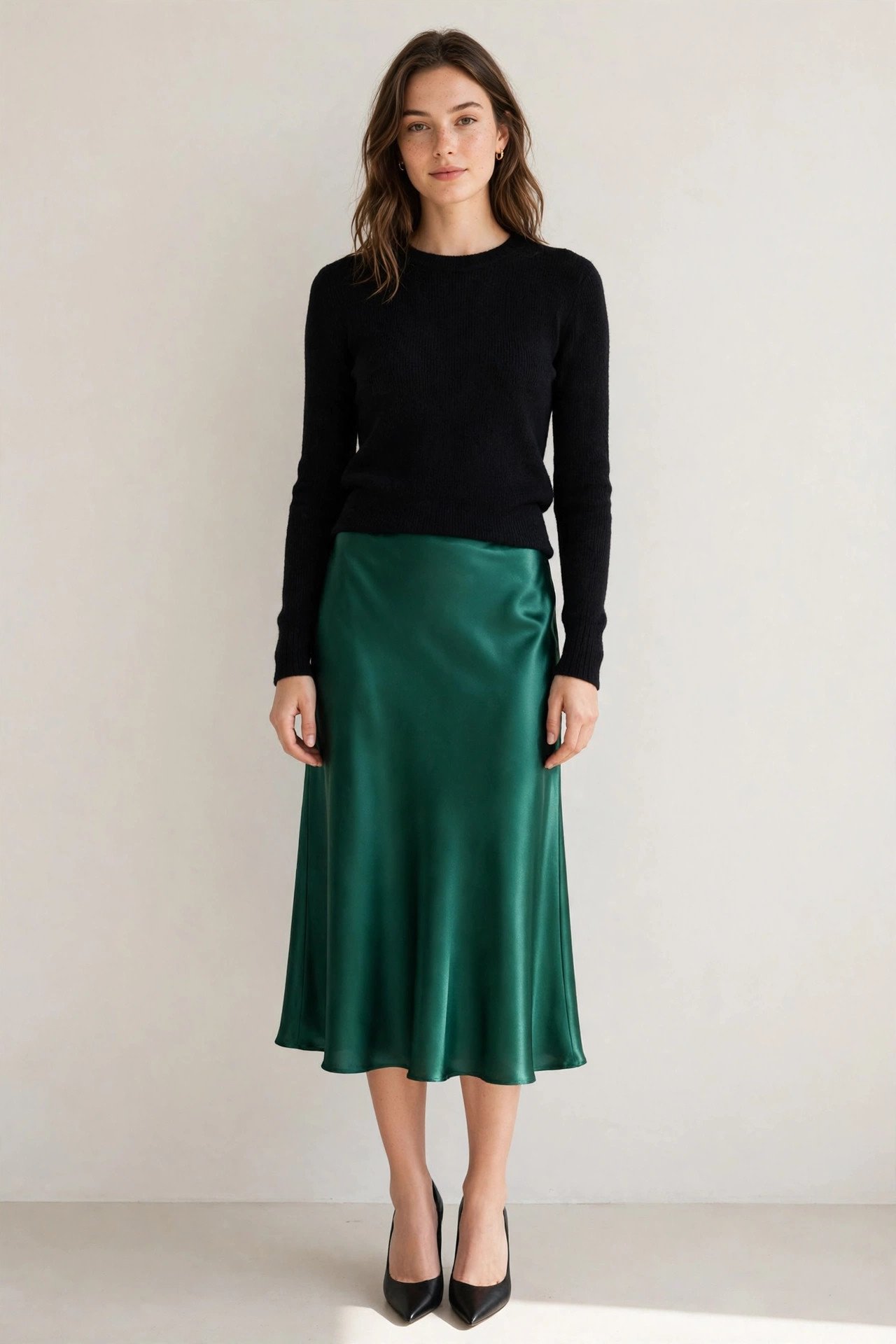 new year's eve outfits - emerald satin skirt with black sweater