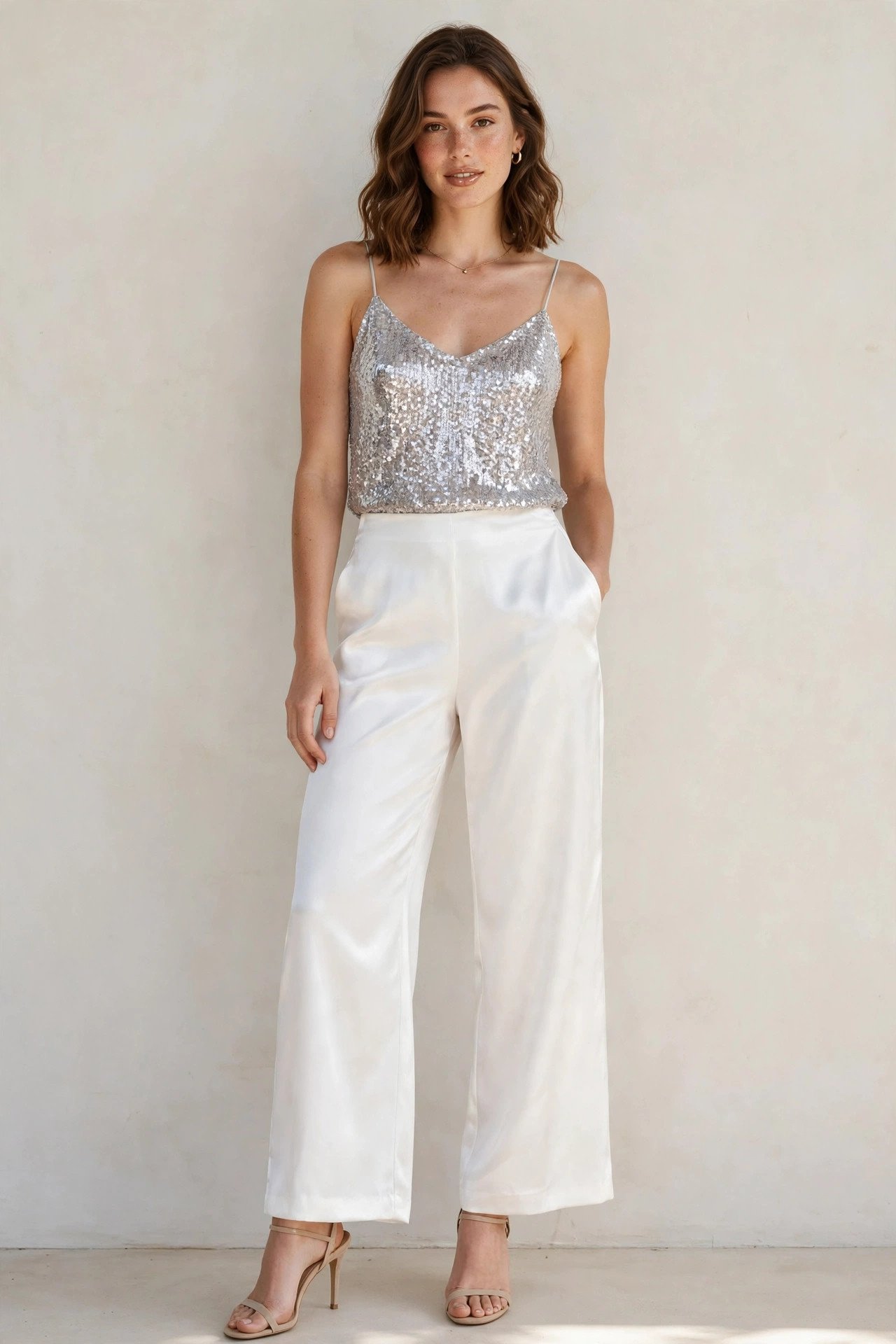 new year's eve outfits - white satin pants with silver sequin top
