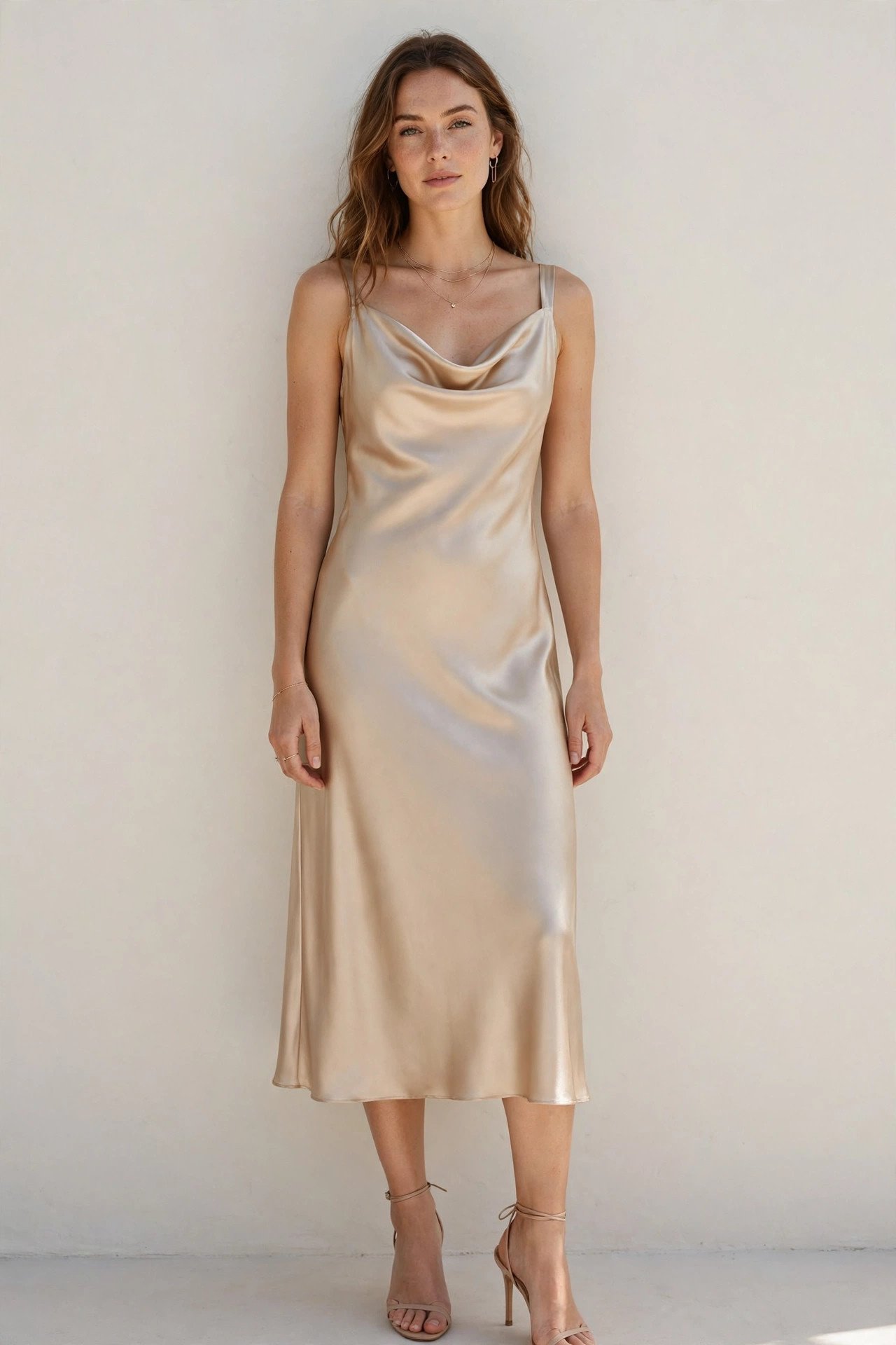 new year's eve outfits - champagne satin cowl neck dress
